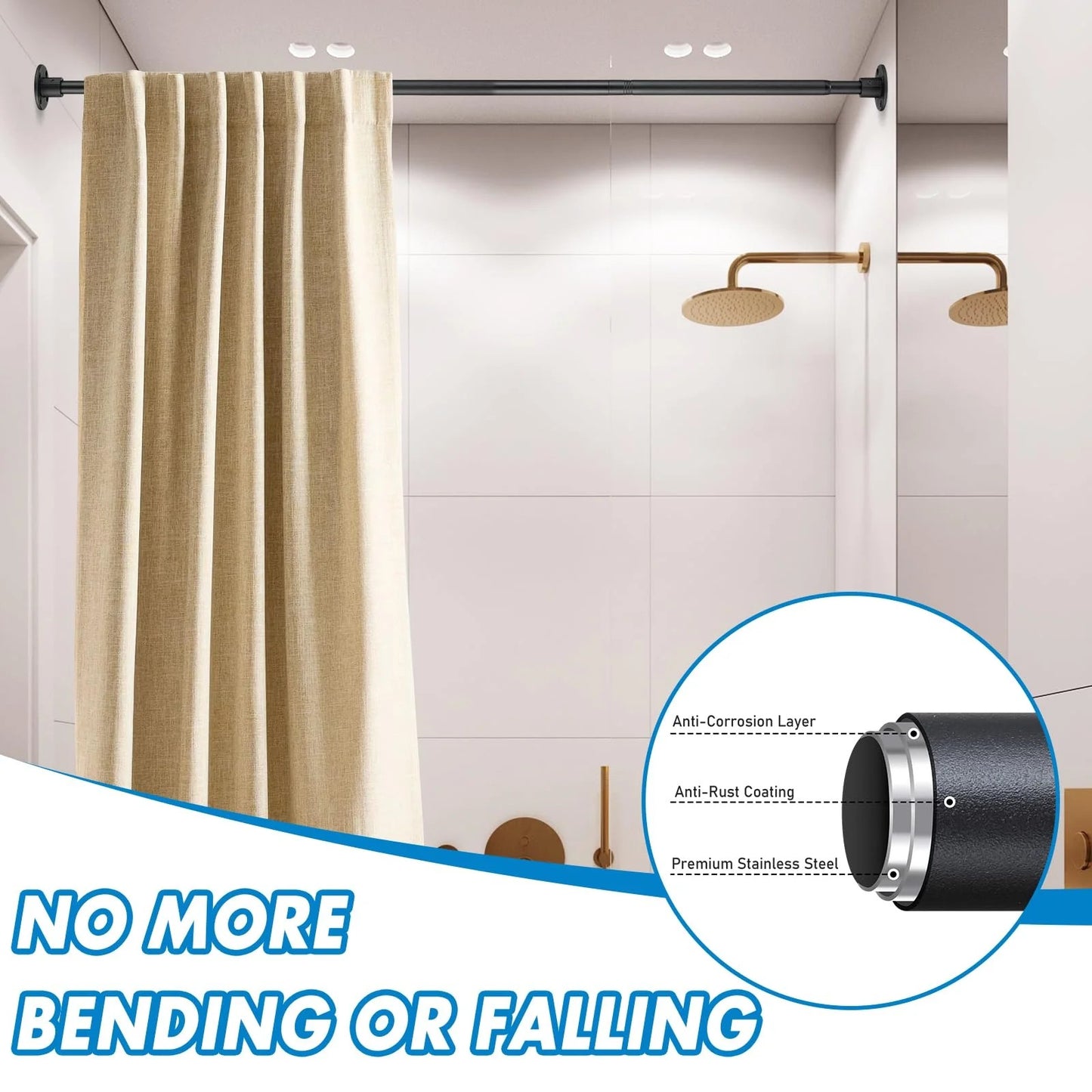 LunaLulinlk Shower Curtain Rod, Adjustable Shower Curtain Rods 29-94'', Heavy Duty Black Shower Rods for Bathroom, Closet, Windows