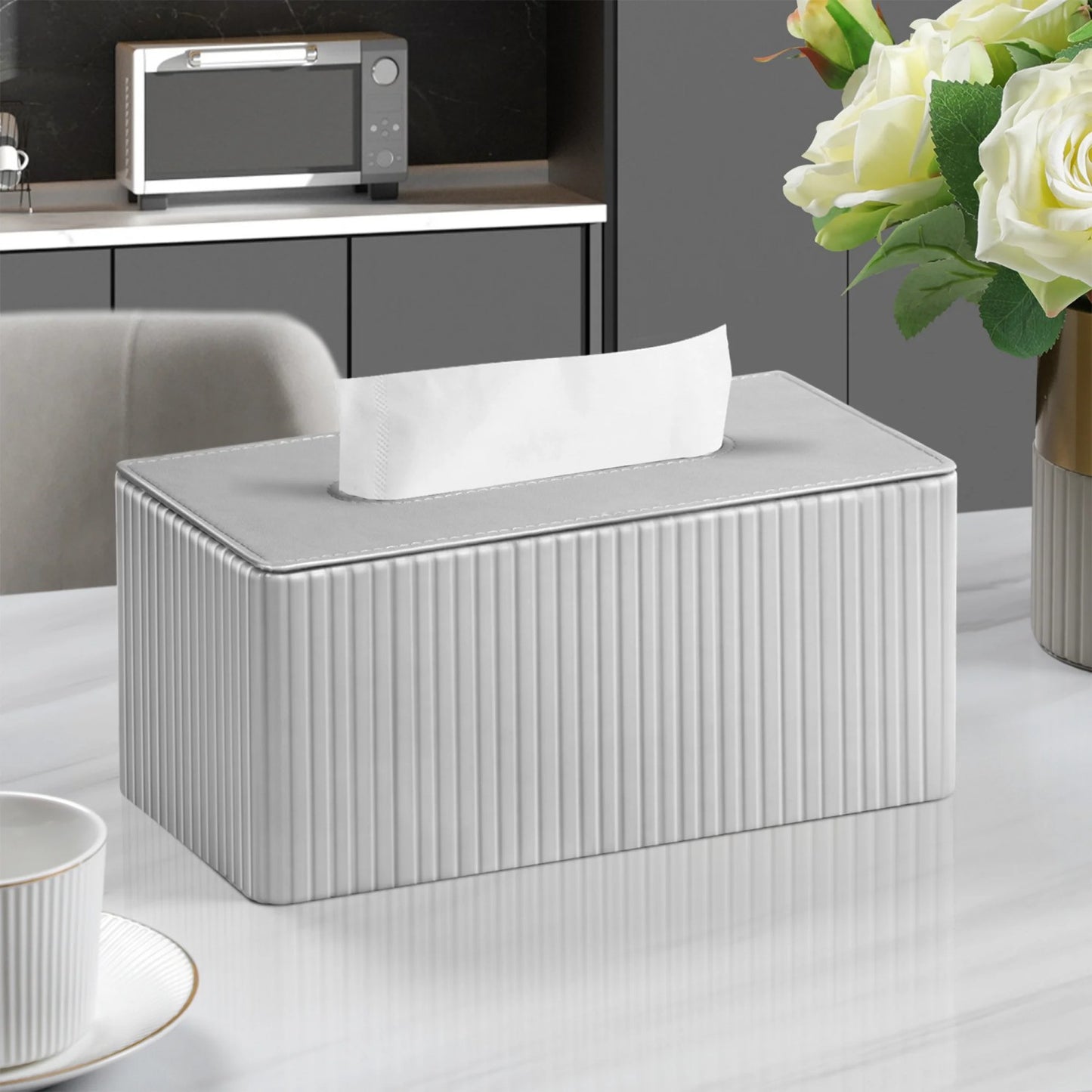 LunaLulinlk Tissue Box Cover Stylish PU Leather Rectangular Tissue Box Holder with Magnetic Bottom Cover (Silver Grey)