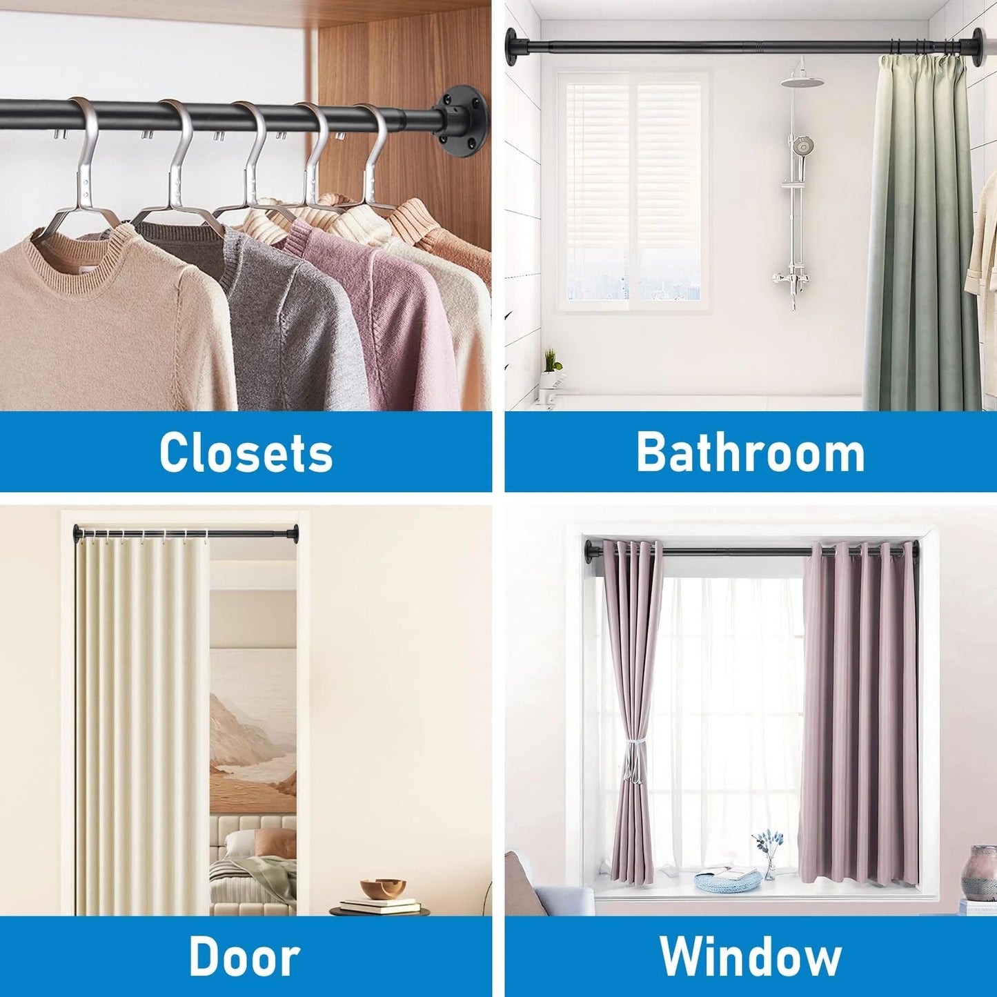 LunaLulinlk Shower Curtain Rod, Adjustable Shower Curtain Rods 29-94'', Heavy Duty Black Shower Rods for Bathroom, Closet, Windows