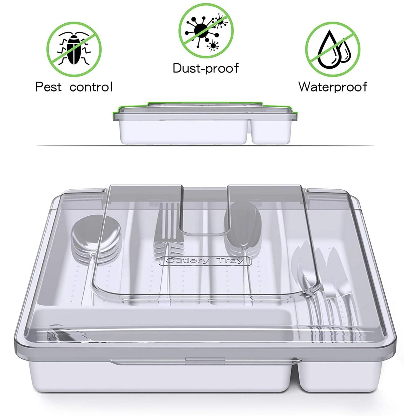 LunaLulinlk Utensil Holder with Lid, Plastic Silverware Tray for Kitchen Drawer Organizer, 5 Compartments, Flatware Organizer, Tableware Storage