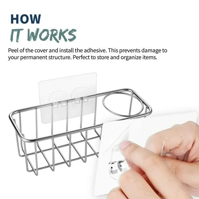 LunaLulinlk Stainless Steel Kitchen Sink Caddy Organizer With Self Adhesive Hooks Over The Sink Drying Basket Rack