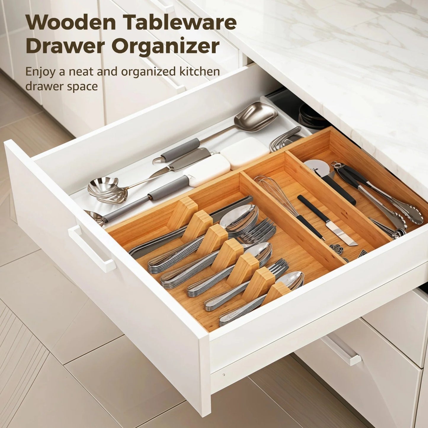 LunaLulinlk Wooden Tableware Drawer Organizer, Multi-Compartment Kitchen Drawer Utensil Tray Flatware Storage, Versatile Drawer Organizer