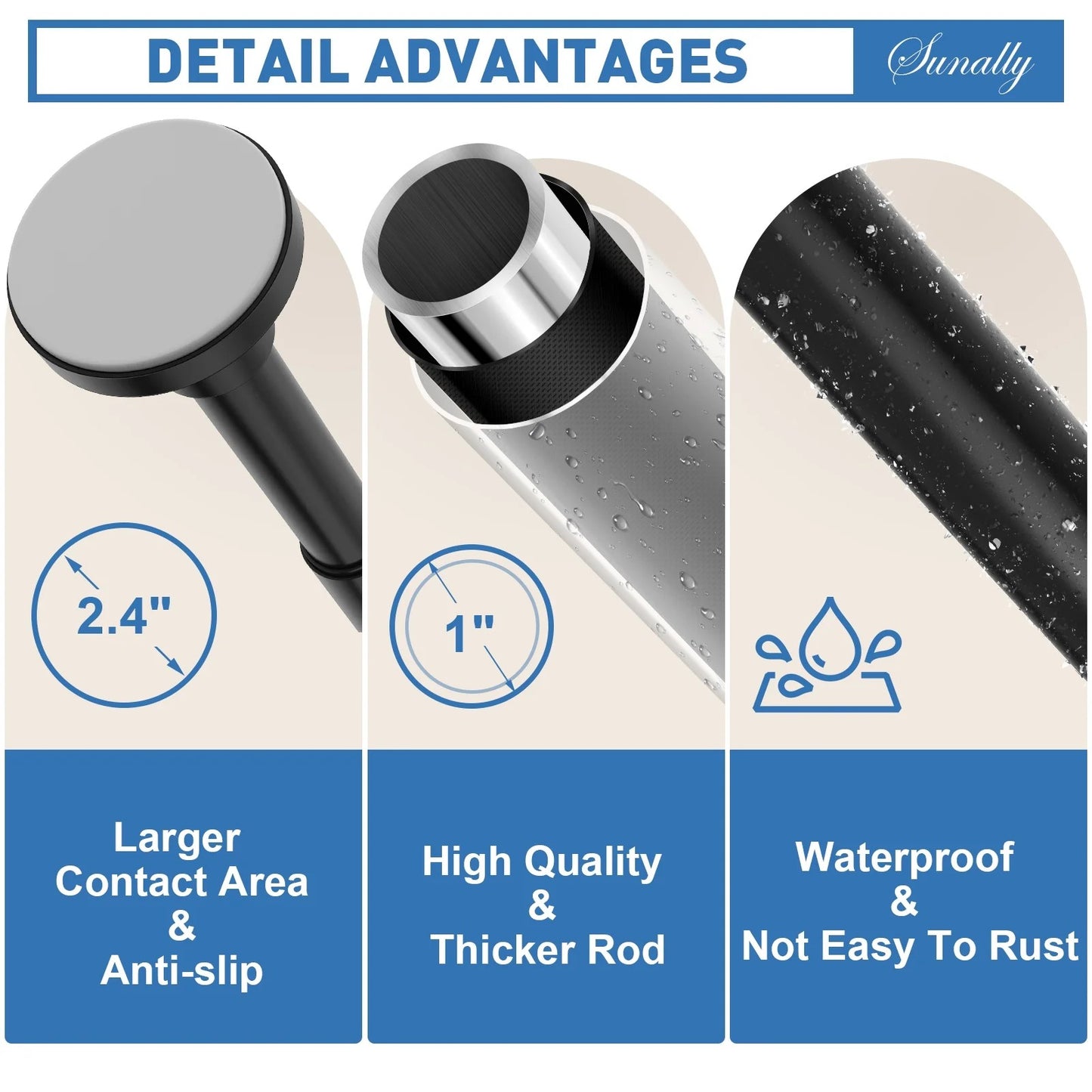 LunaLulinlk Shower Curtain Rod, Adjustable 32-61 inch Spring Tension Curtain Rods for Bathroom, No Drilling Rustproof Non-Slip Stainless Steel Rod, Black
