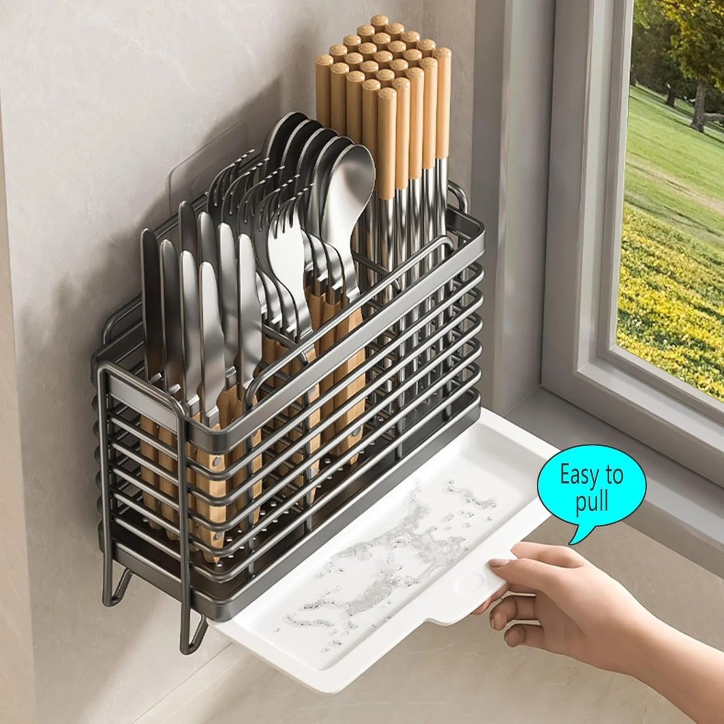 LunaLulinlk Utensil Holder, Dish Drainer for Kitchen Counter, 3 Compartments Stainless Steel Utensil Drying Rack, Wall Mouted Kitchen Utensils Holder