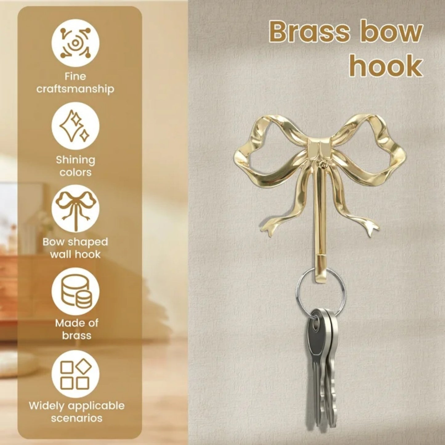 LunaLulinlk 2Pcs Bow Hook Decorative Bow Wall Hook Delicate Bow Coats Hook Brass Bow Knot Hook Beautiful Bowknot Wall Hook Stylish Bow Hat Hook