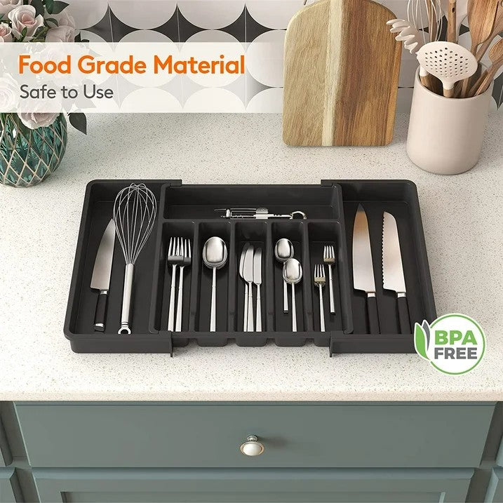 LunaLulinlk Silverware Drawer Organizer Expandable Utensil Tray Adjustable Flatware, Plastic, Black
