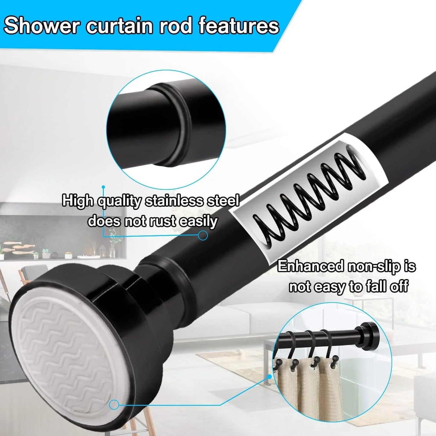 LunaLulinlk Swivel Shower Curtain Rod 31-50 inches Adjustable Matte Black Spring Tension Shower Rod