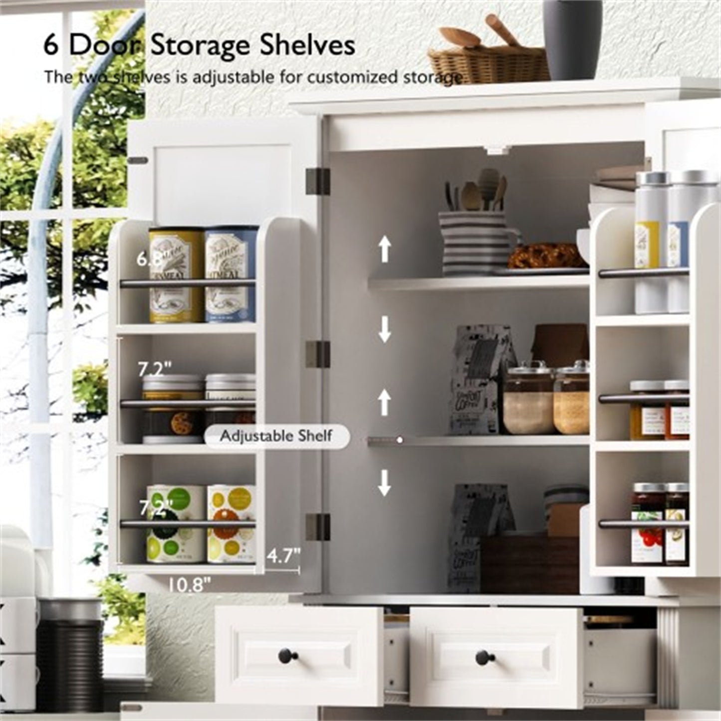 "LunaLulinlk 71"" Tall Kitchen Pantry Cabinet with 3 Pull Out Cabinet Organizers, Farmhouse Embossed Texture Storage Cabinet "