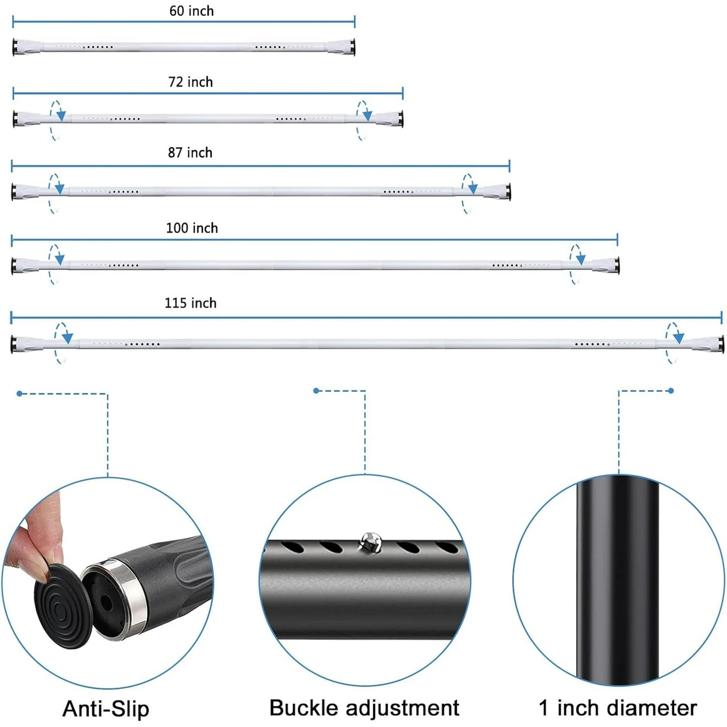 LunaLulinlk White Tension Curtian Rod No drill, 42 to 72 inch Adjustable Heavy Duty Shower Curtain Rod for Windows Bathroom Closet