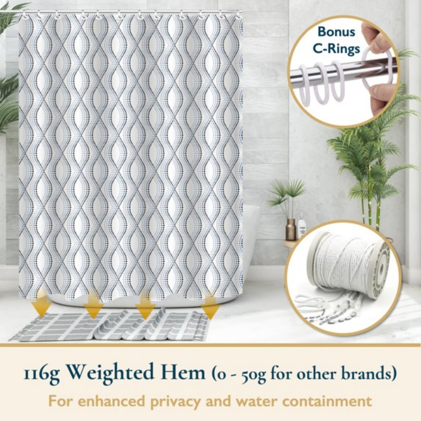 LunaLulinlk Weighted-Hem Fabric Bathroom Curtain, Water-Repellent