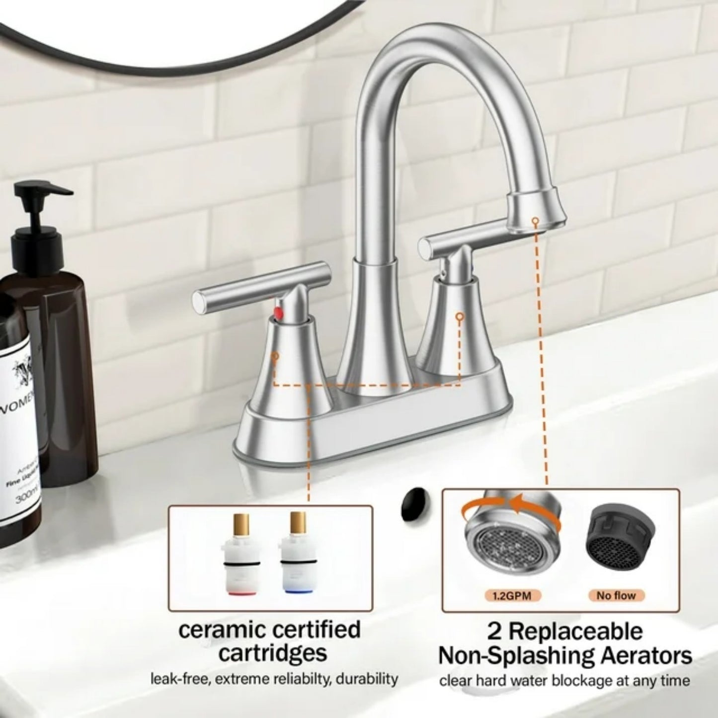 LunaLulinlk Silver 4" stainless steel bathroom sink faucet with pop-up drain and 2 water supply hoses