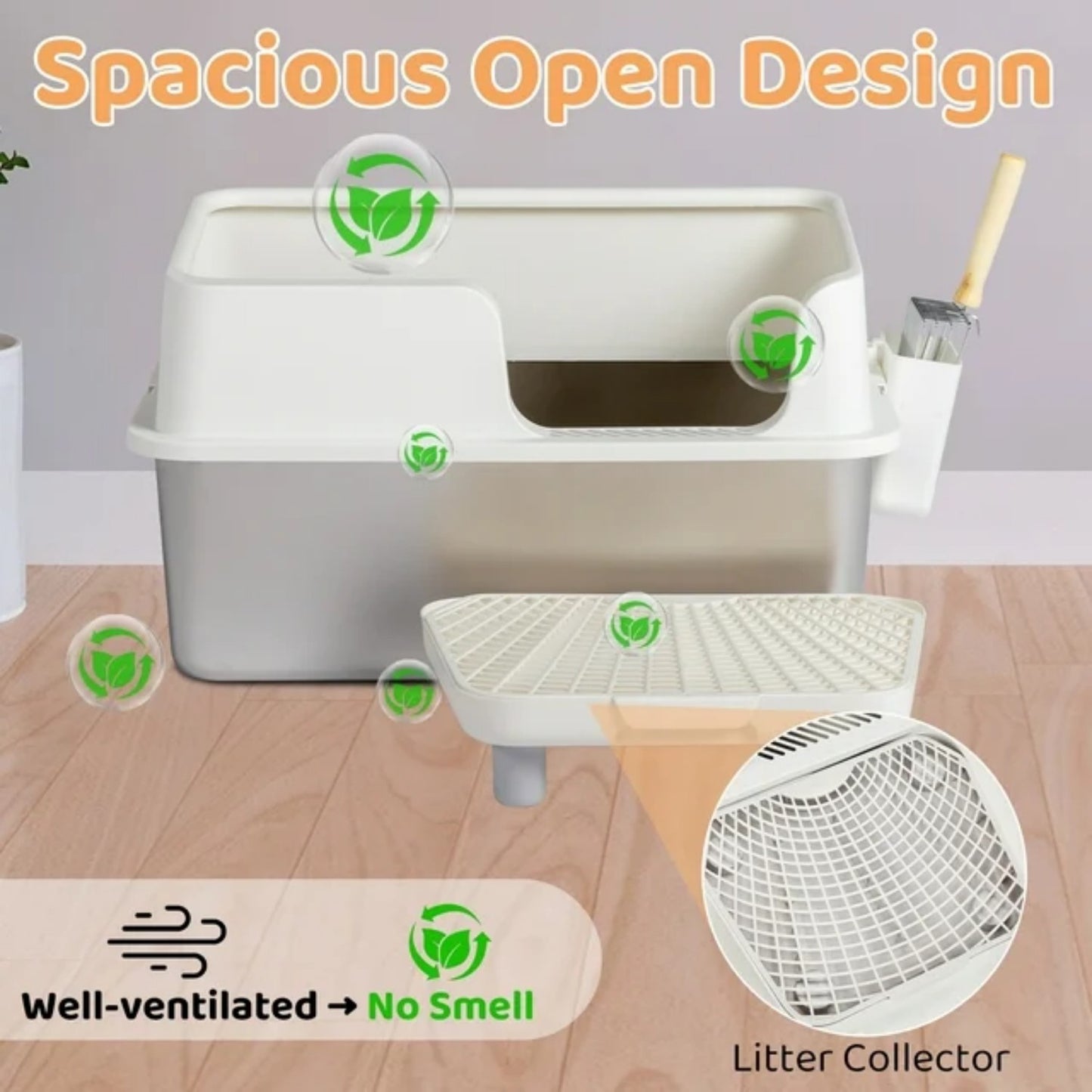 LunaLulinlk white Stainless steel cat litter box with lid, cat litter box with pedal filter and scoop