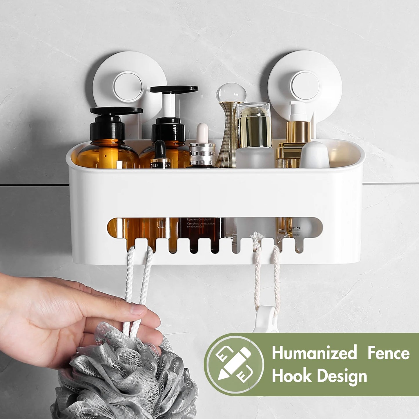 LunaLulinlk Strong Heavy Duty Shower Suction Cup Holder Storage Basket - No Drilling Required with Hook, White
