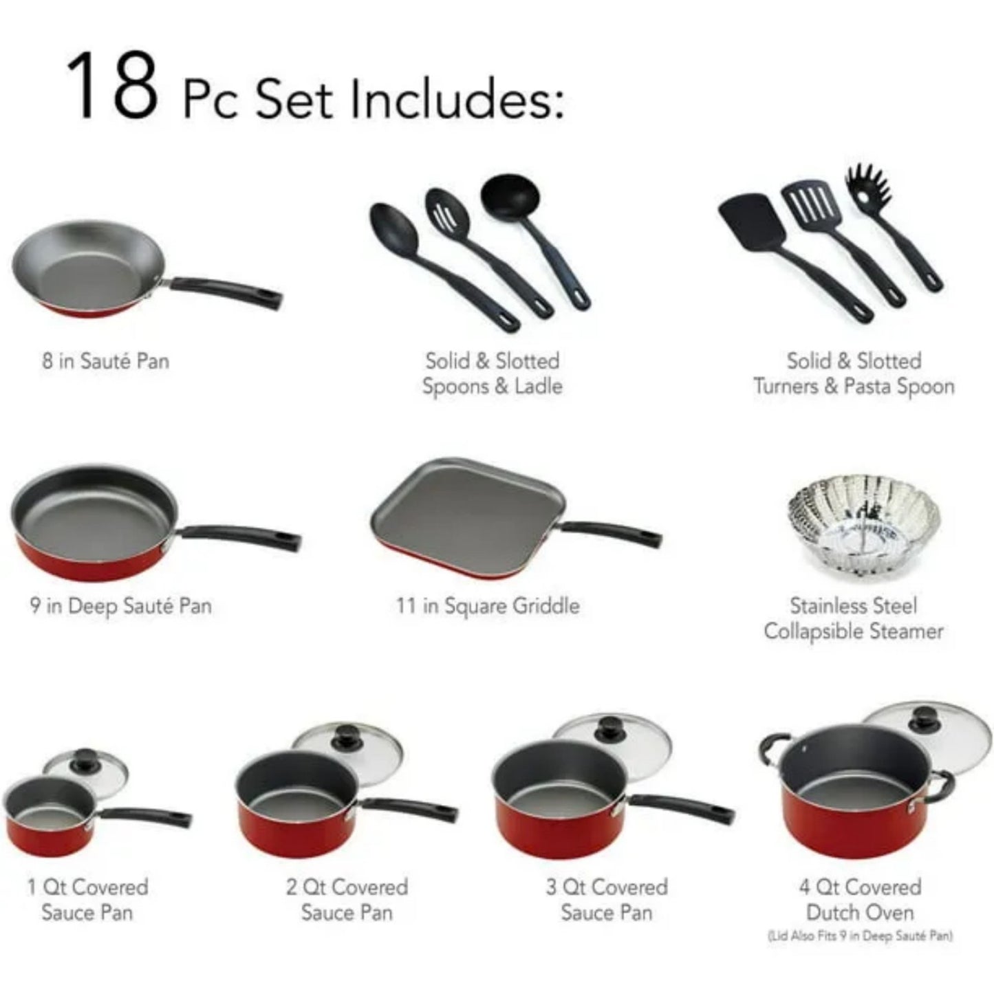 LunaLulink 18 Piece Non-stick Cookware Set, Steel Red