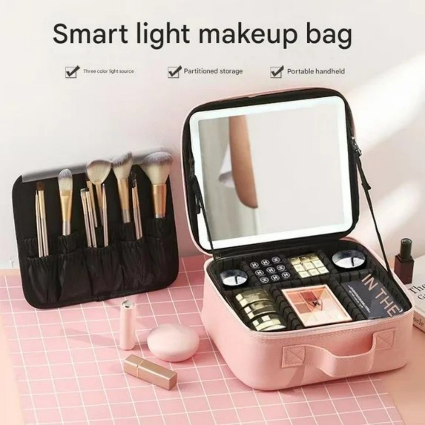 LunaLulinlk Travel Makeup Bag With LED Mirror, Cosmetic Train Case with Light up Mirror