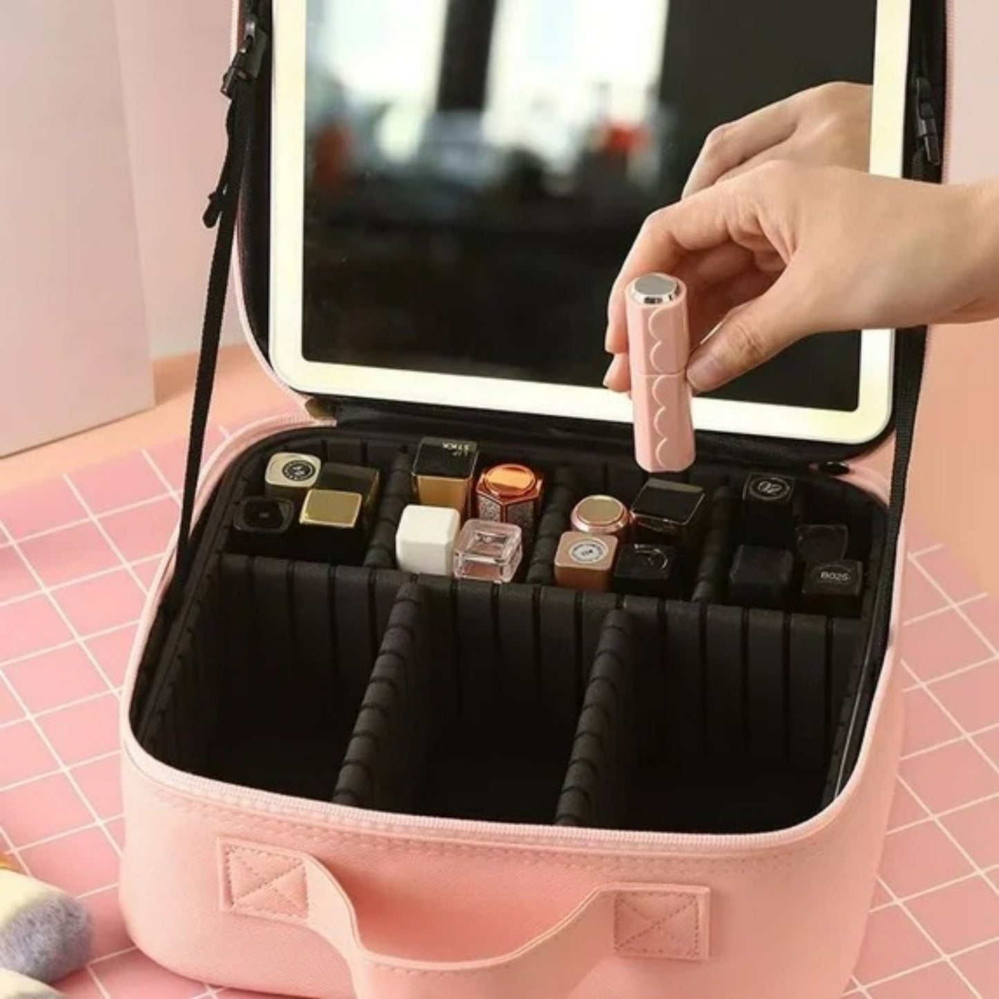 LunaLulinlk Travel Makeup Bag With LED Mirror, Cosmetic Train Case with Light up Mirror