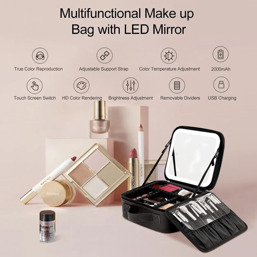LunaLulinlk Makeup Bag, Travel Makeup Bag with LED Mirror, Portable Makeup Case with Adjustable Dividers, Black