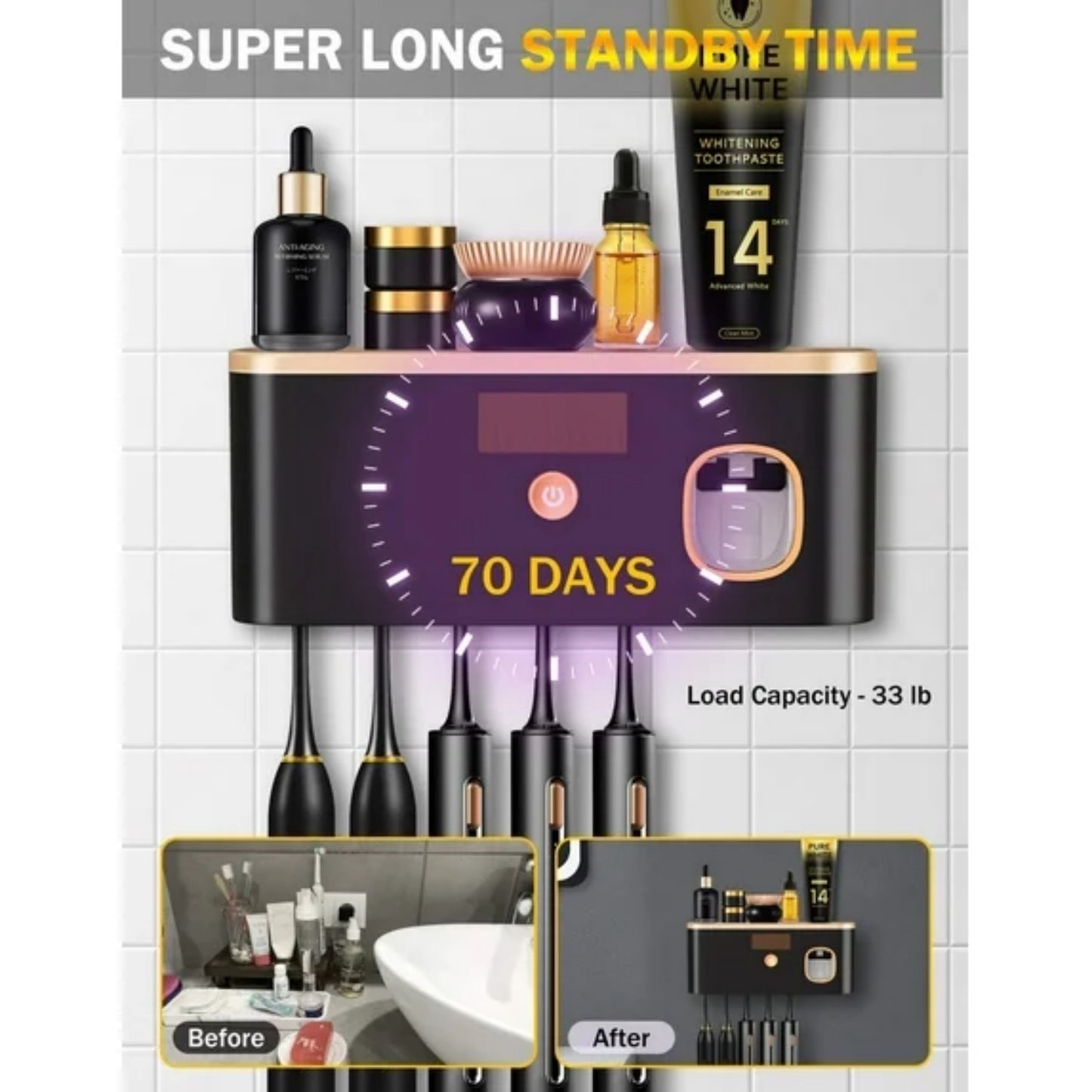 LunaLulinlk Toothbrush Holders for Bathrooms, UV Toothbrush Sanitizer Wall Mounted with Toothpaste Dispenser, Large Capacity Tray