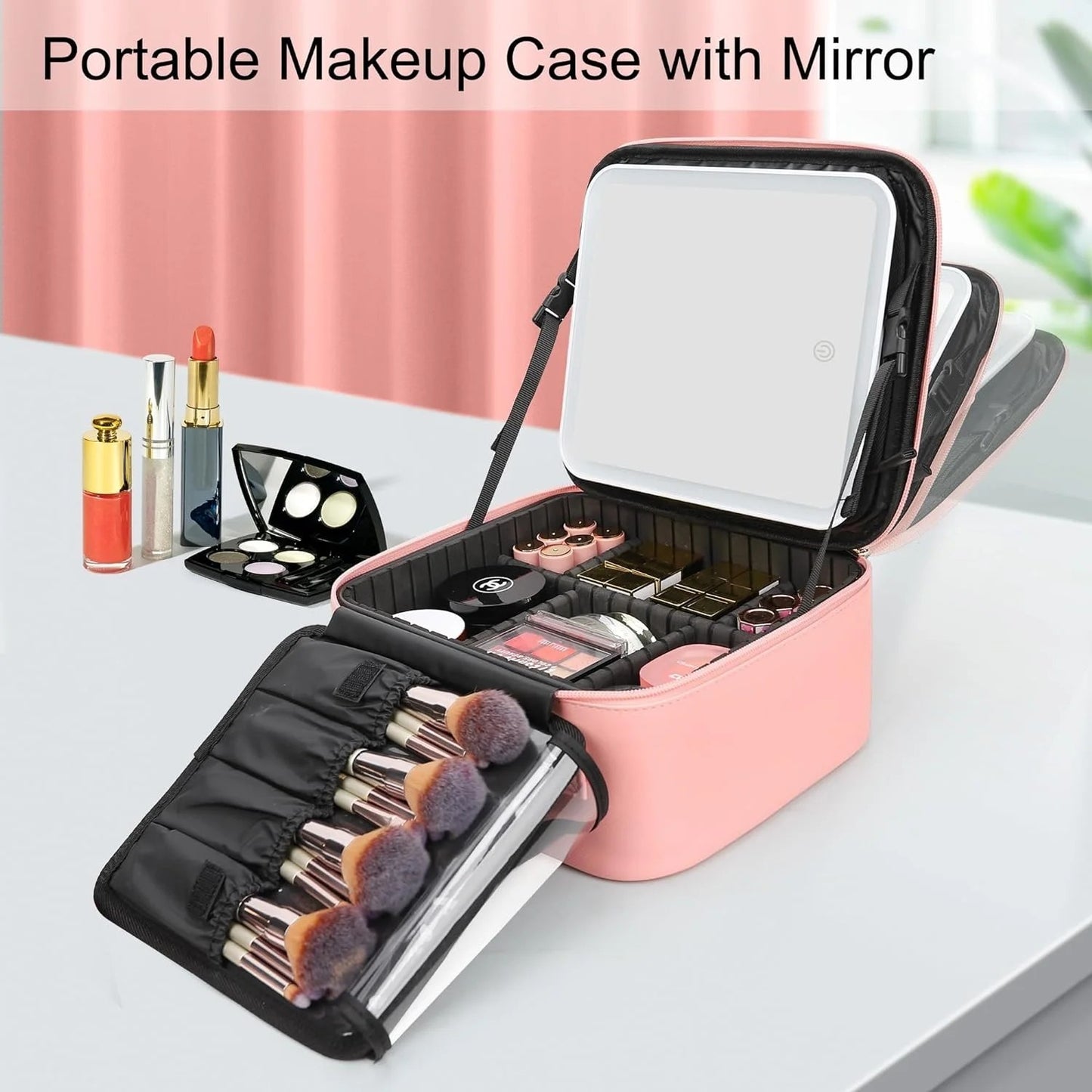 LunaLulinlk Travel Makeup Bag With LED Mirror, Cosmetic Train Case with Light up Mirror