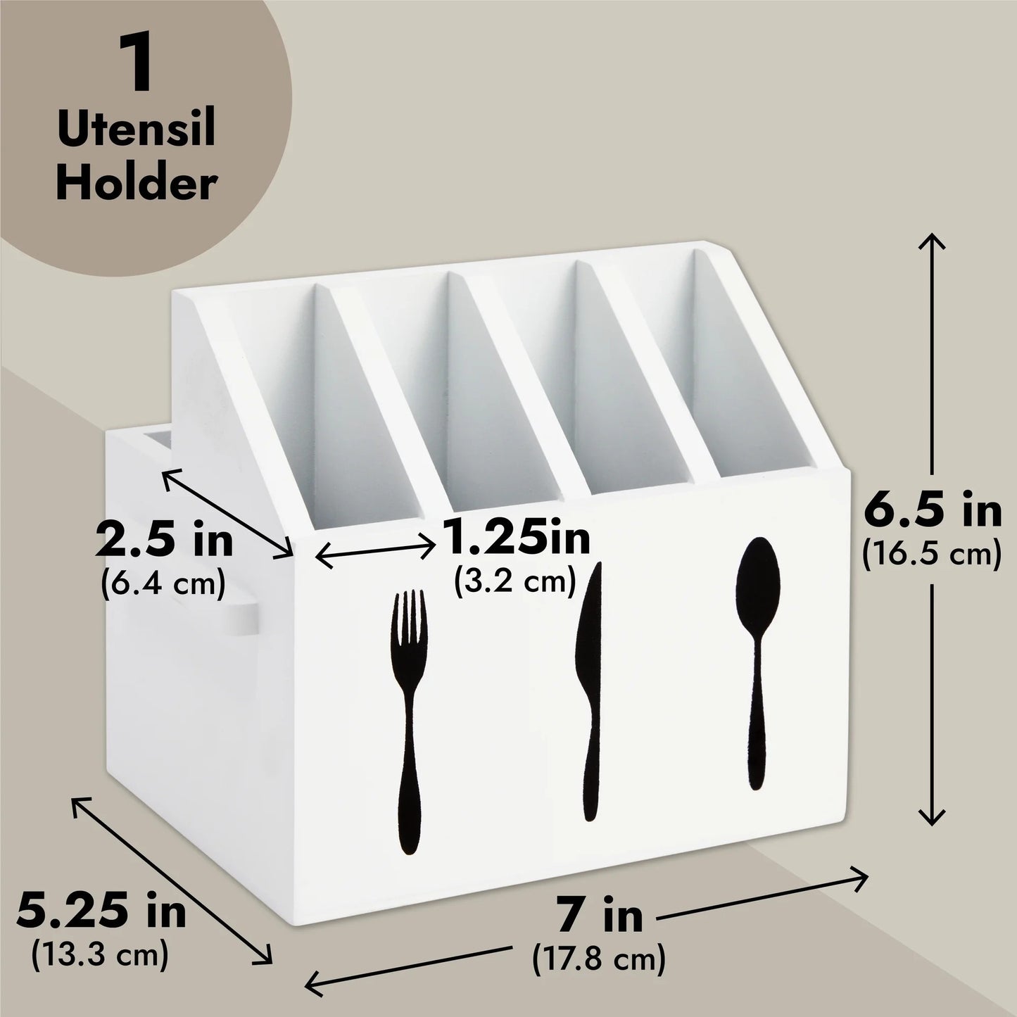 LunaLulinlk Small Wooden Utensil Holder with 5 Slots for Fork, Knife, and Spoons, Silverware Holder, Kitchen Organization (White, 7x5.25x6.5 in)