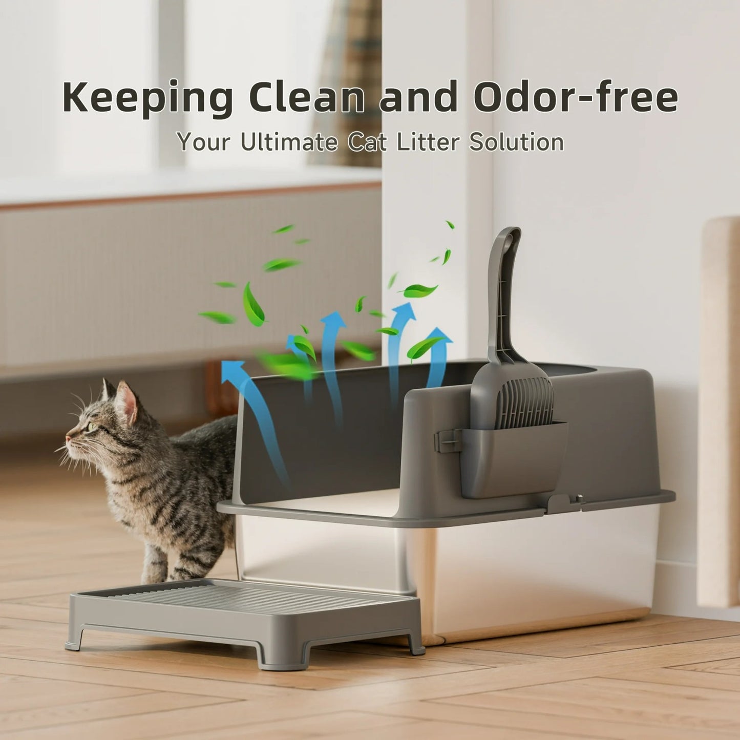 LunaLulinlk with Scoop&mat Stainless Steel Cat Litter Box with High-Sided - Durable, Hygienic, and Escape