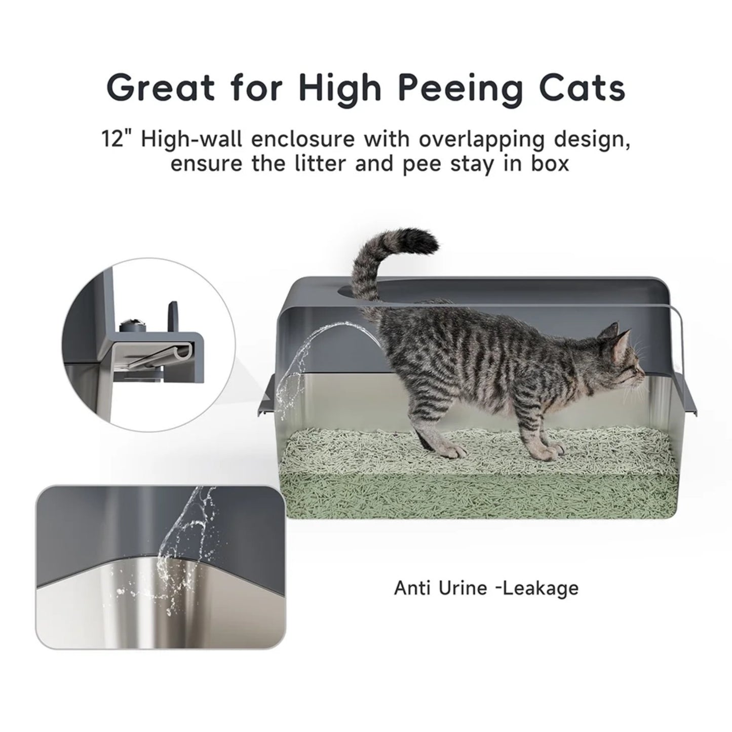 LunaLulinlk with Scoop&mat Stainless Steel Cat Litter Box with High-Sided - Durable, Hygienic, and Escape