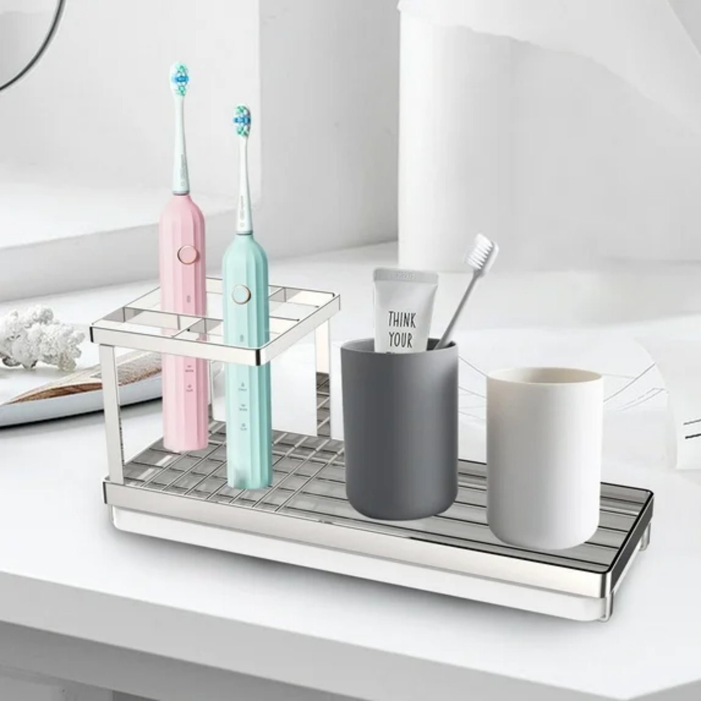 LunaLulinlk Toothbrush Holders for Bathrooms, 4 Slots Rustproof Metal Tooth Brushing Organizer with Drainage Silver
