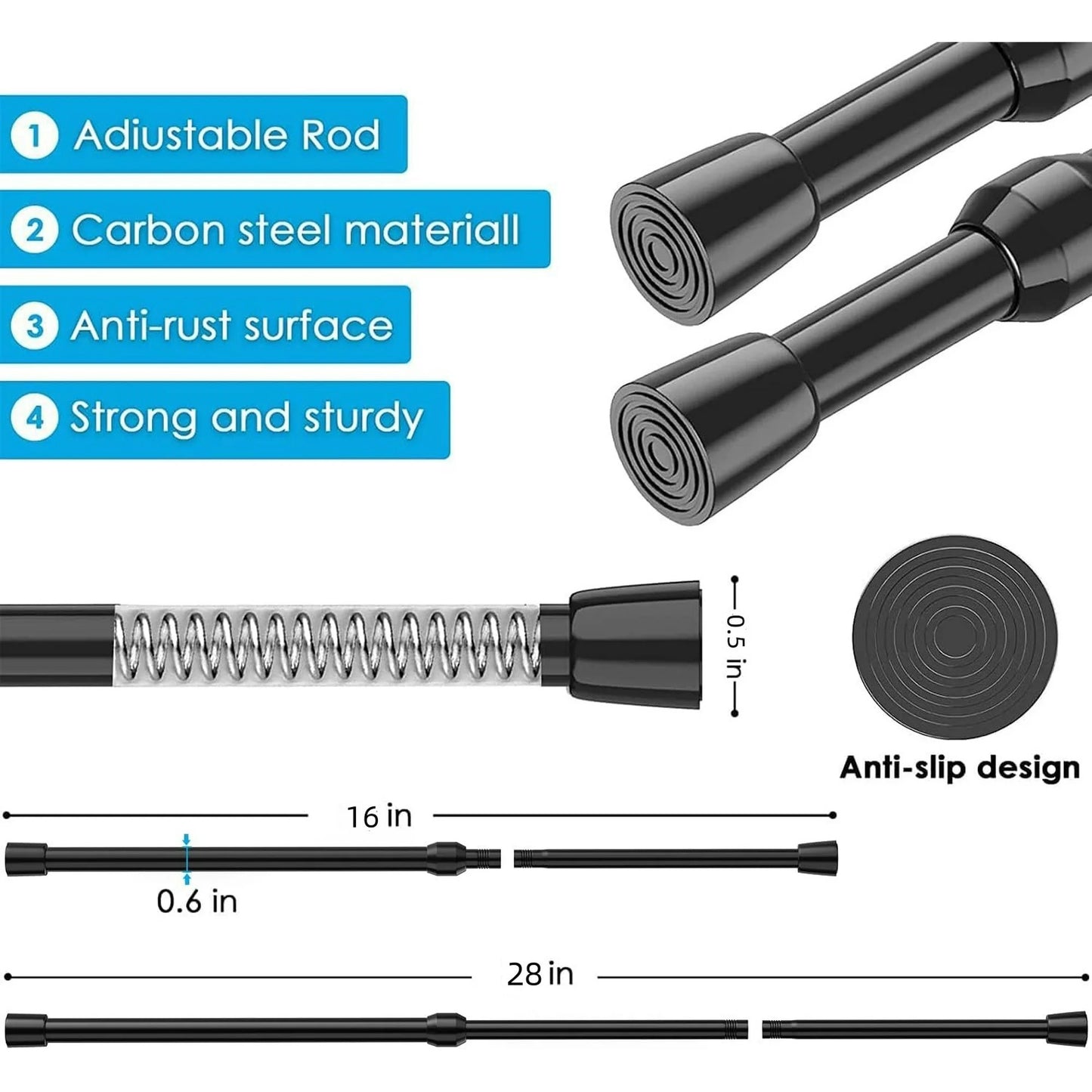 LunaLulinlk Spring Tension Rods 16-28 Inches Tension Curtain Rod Adjustable Expandable Heavy Duty Steel Small Short Tension Curtain Rod For Windows,Kitchen