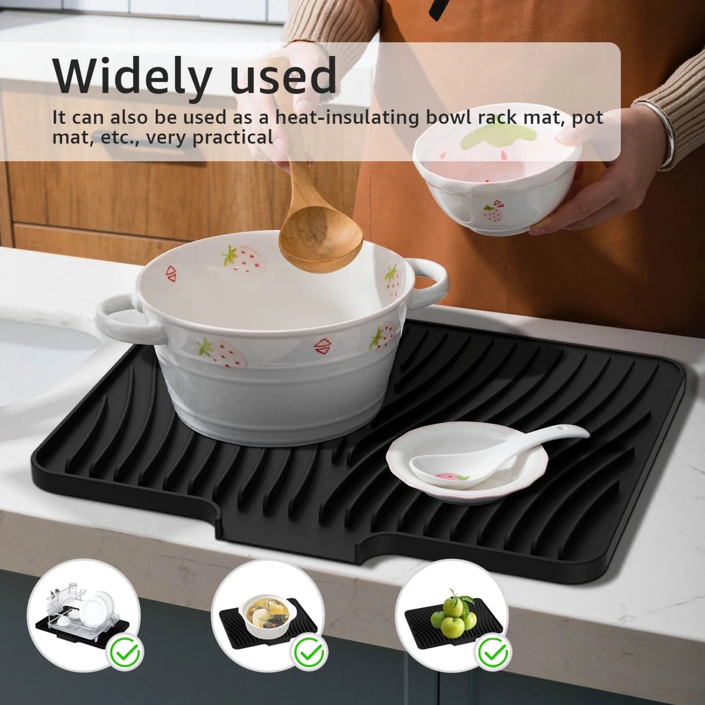 LunaLulinlk Silicone Dish Drying Mat with Raised Drain 16x12 inche Lip Nonslip Dish Drain Mat Heat Resistant Reusable Silicone Drying Pad (Black)