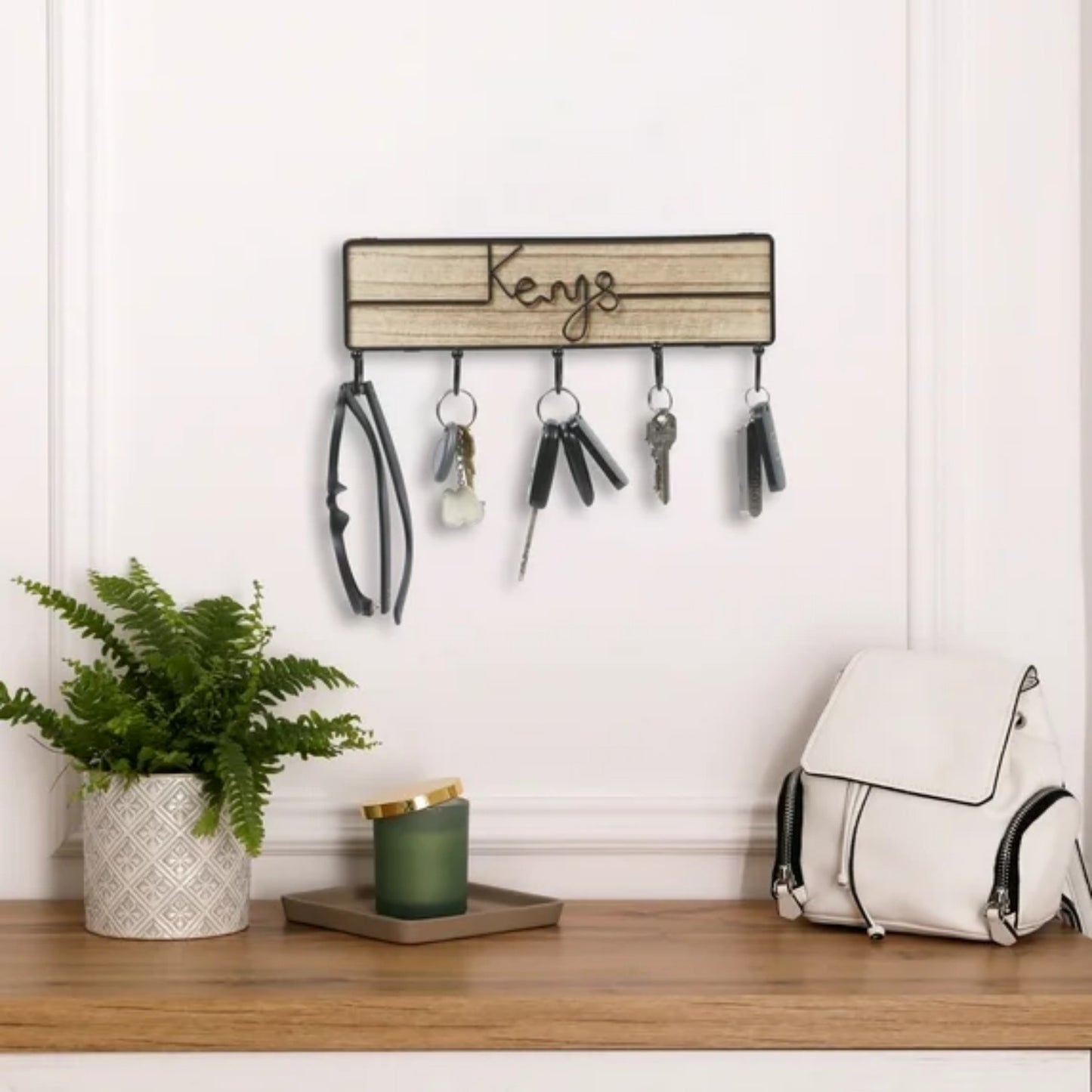 LunaLulinlk Wall Mounted Key Hooks Holder Entryway Wooden Keys Hanger Organizer Brown