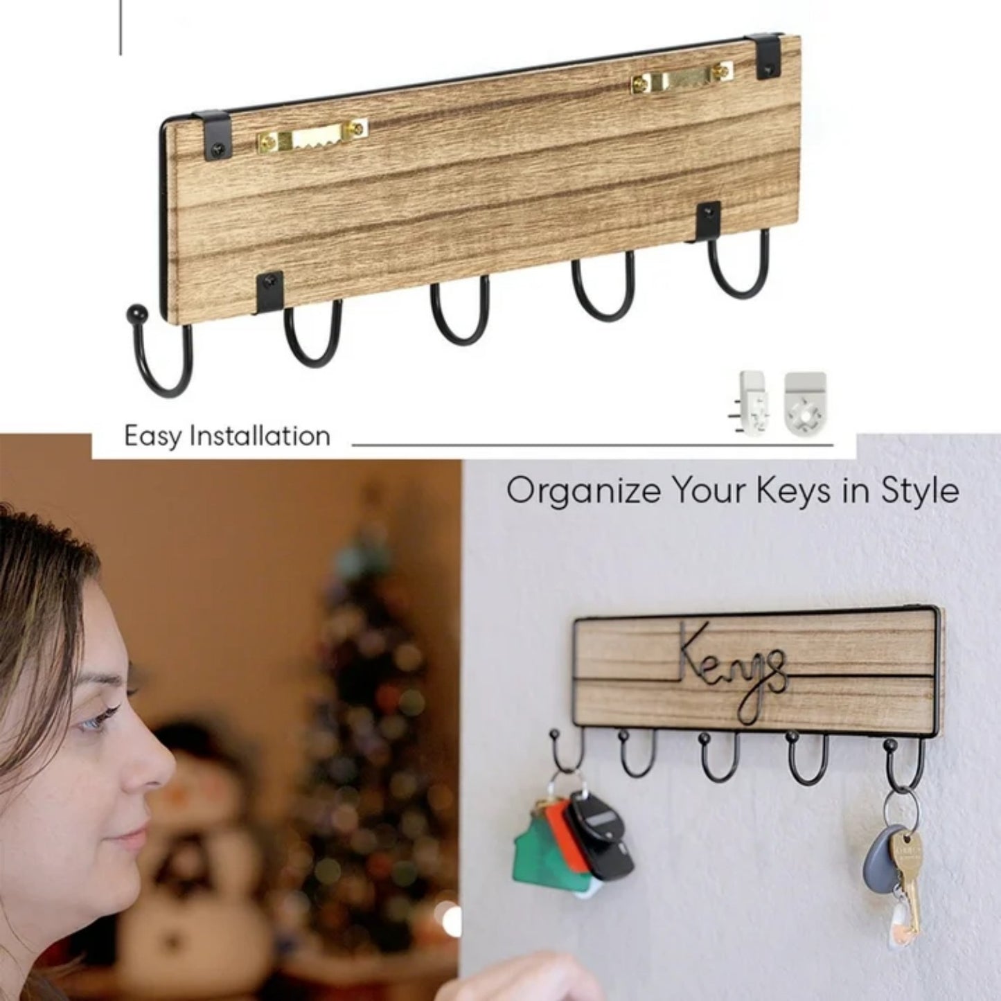 LunaLulinlk Wall Mounted Key Hooks Holder Entryway Wooden Keys Hanger Organizer Brown