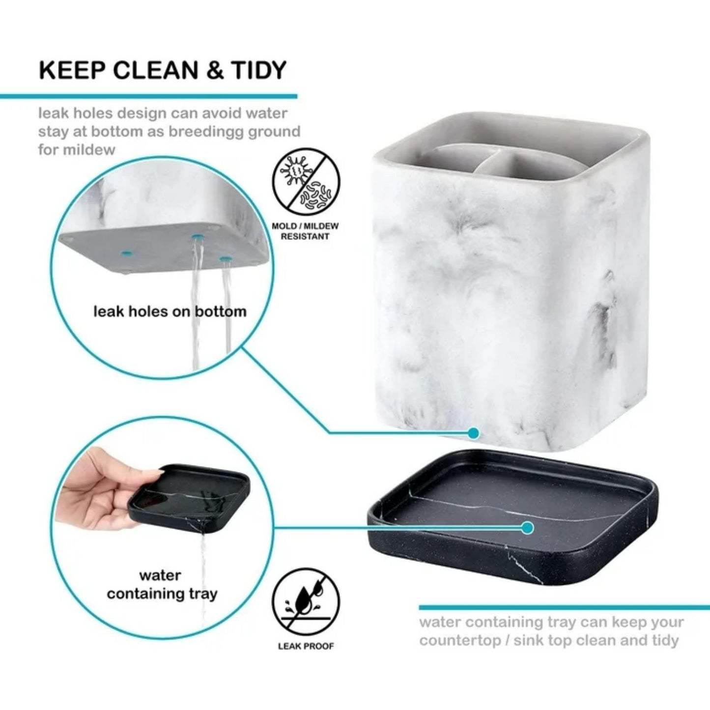 LunaLulinlk Toothbrush Holder Bathroom Countertop White Marble with Detachable Tray