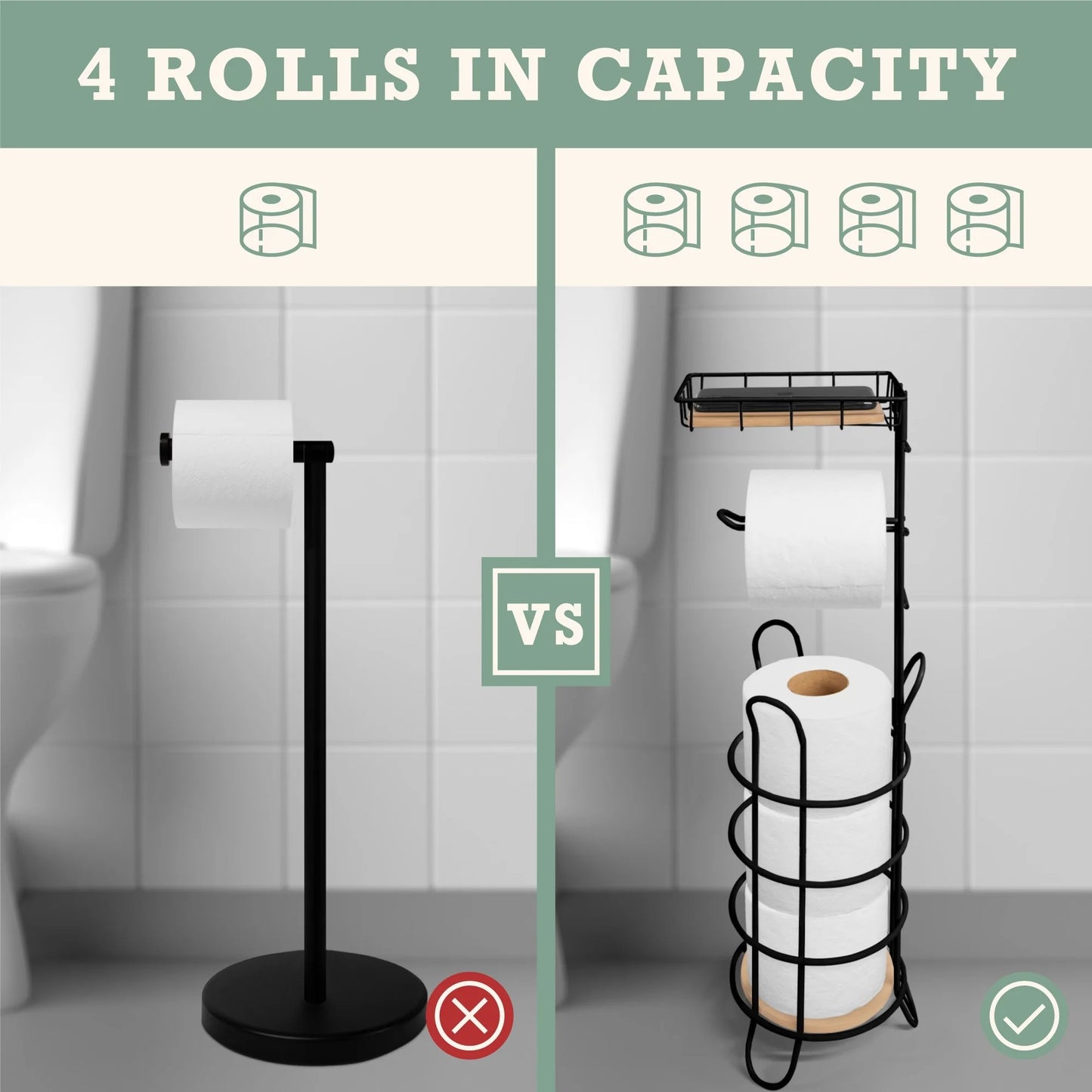 LunaLulinlk Toilet Paper Holder Stand with Bamboo Shelf Bathroom Decor, Black