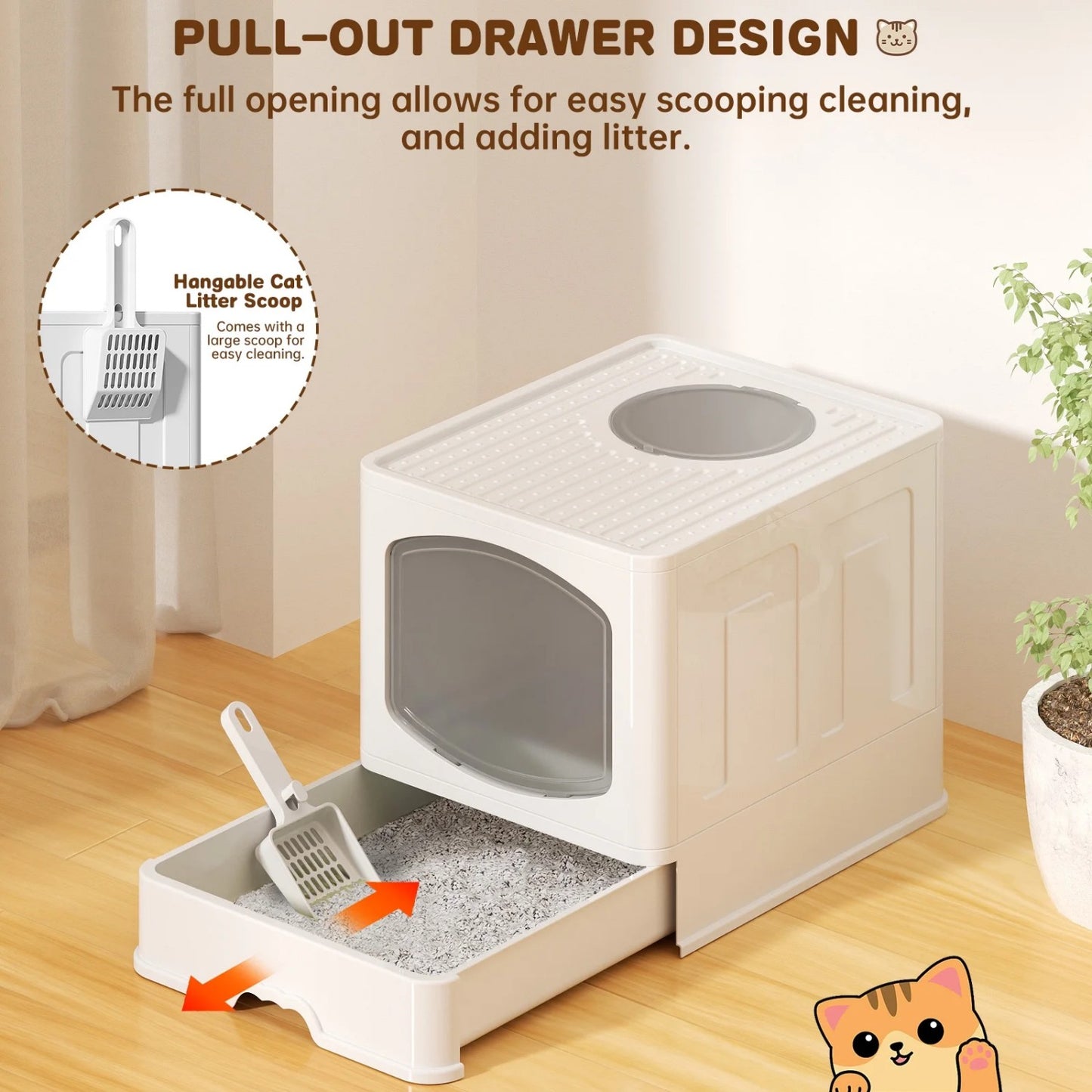 LunaLulinlk white Extra-large foldable cat litter box with litter scoop,