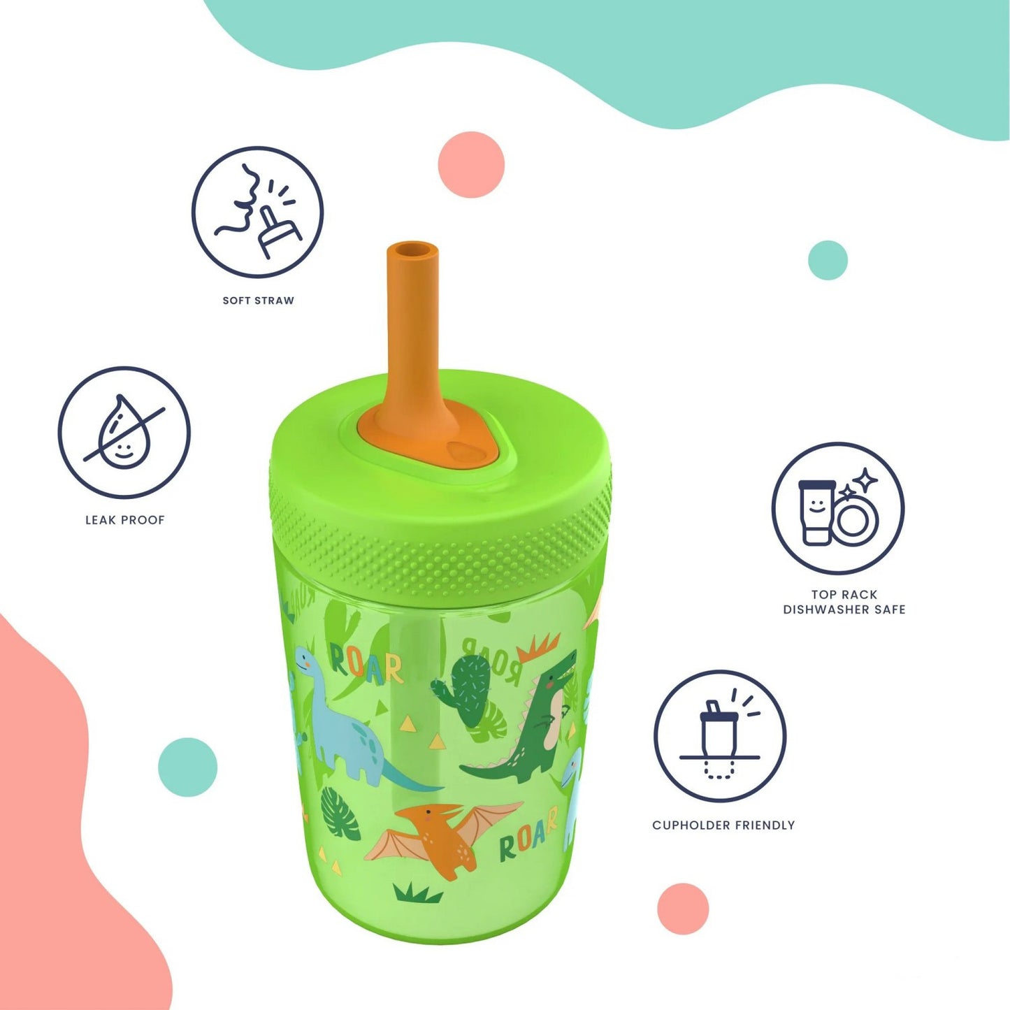 LunaLulinlk Tumbler, Soft Straw Tumbler for Toddlers, 12oz, Leak-Proof, Easy to Hold, Dinosaur