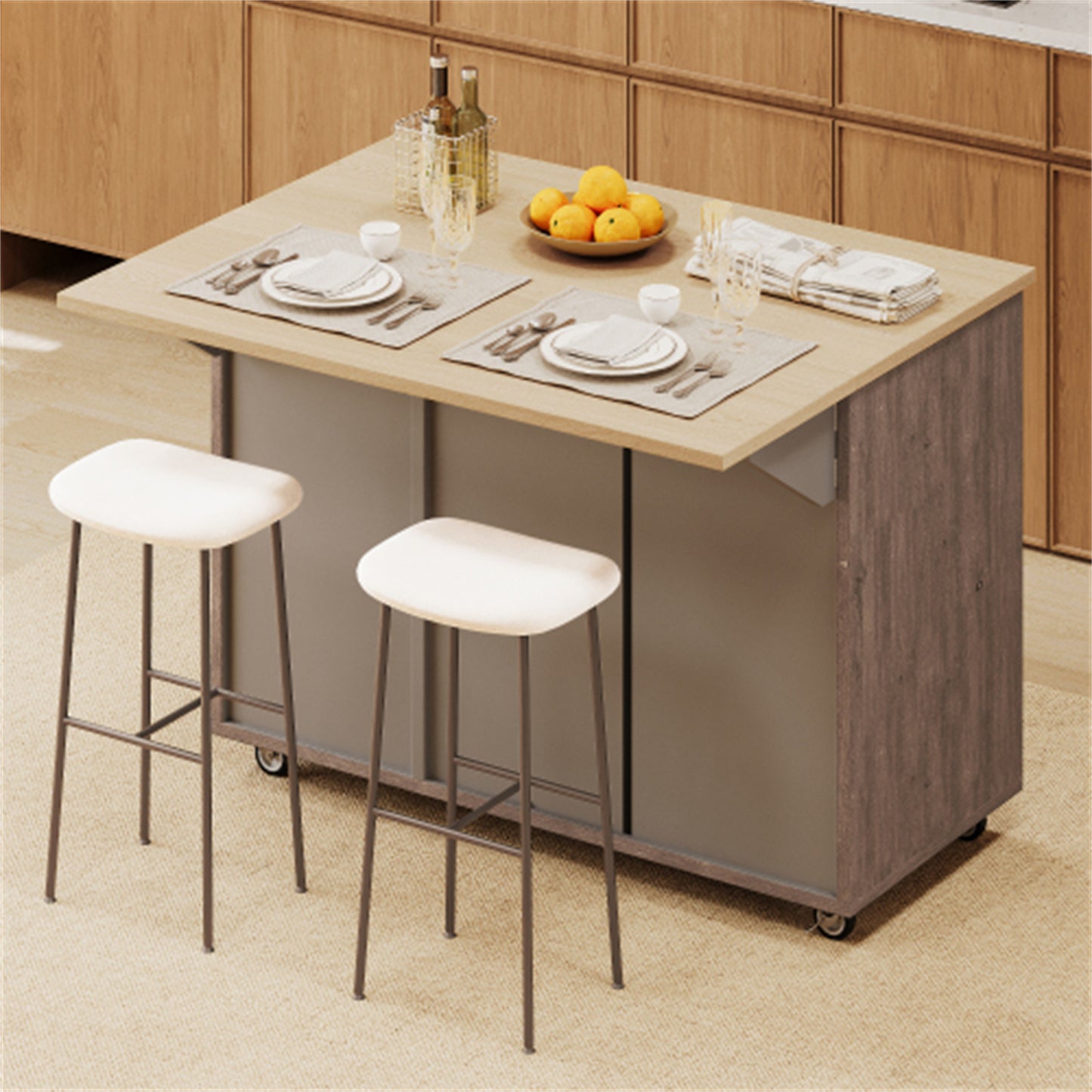 "LunaLulinlk 51.2""W Geometric Twill Stripe Textured Design Kitchen Island with Drop Leaf, Farmhouse Kitchen Island, Brown "
