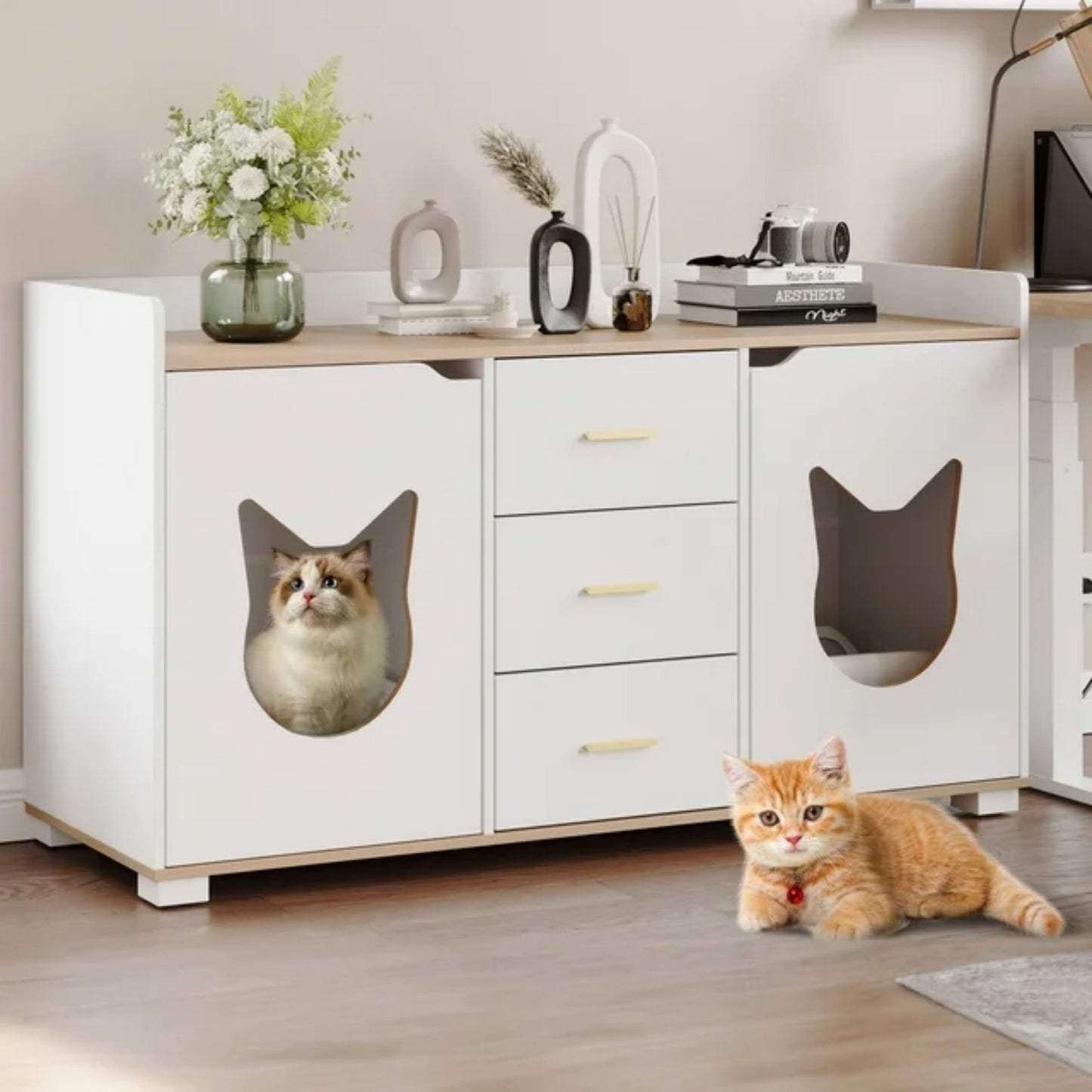 LunaLulinlk White cat litter box furniture with 2 compartments, wooden cat litter box cabinet with drawers