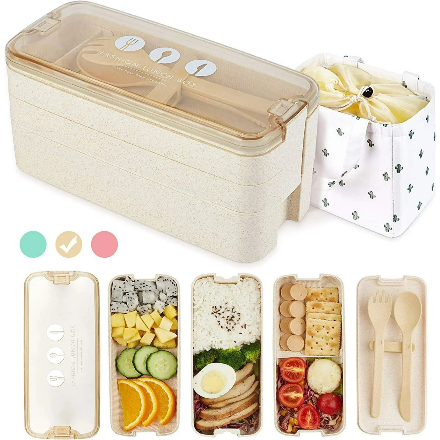 LunaLulinlk Three-layer lunch box bento box with spoon and fork, leak-proof lunch box with bonus lunch bag (beige)