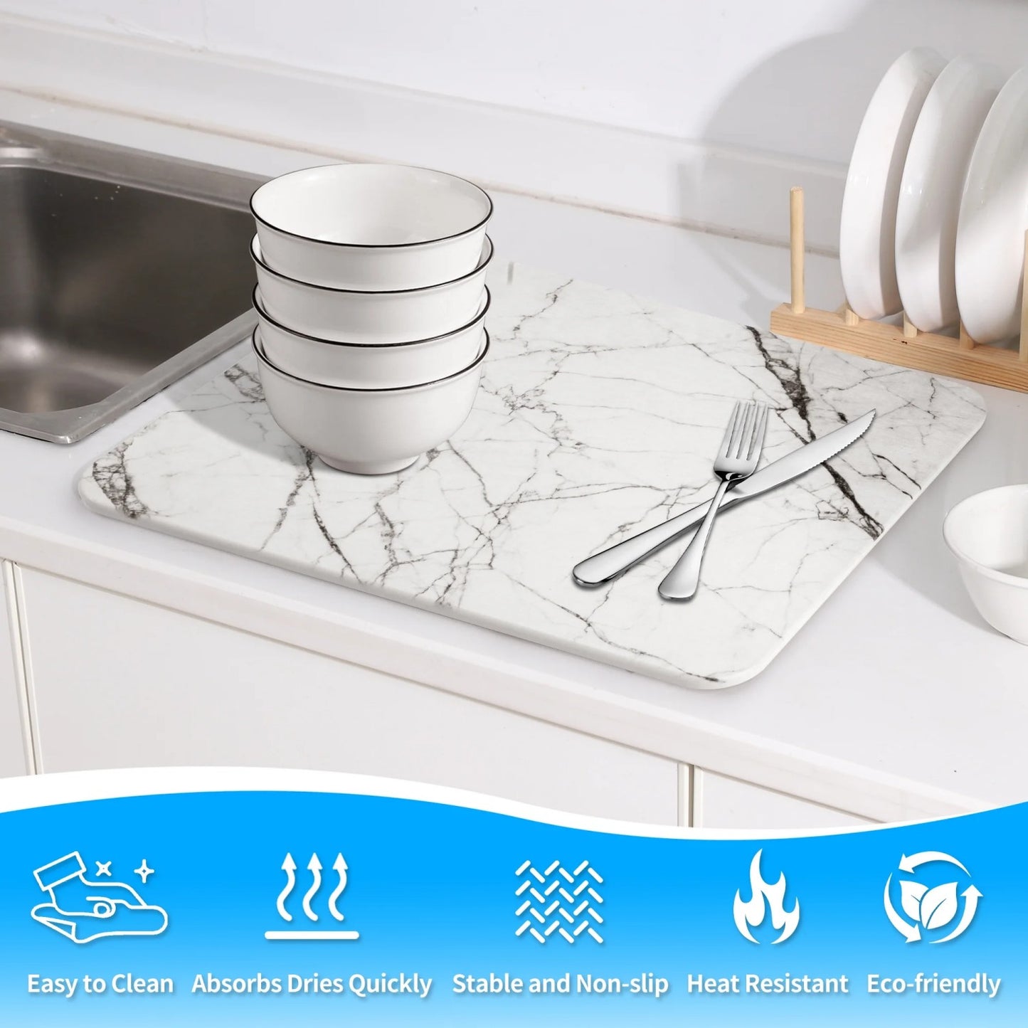 LunaLulinlk Stone Drying Mat for Kitchen Counter, Diatomaceous Dish Drying Mats Superb Absorbent 15.7"L×11.8"W, Ivory-Marble