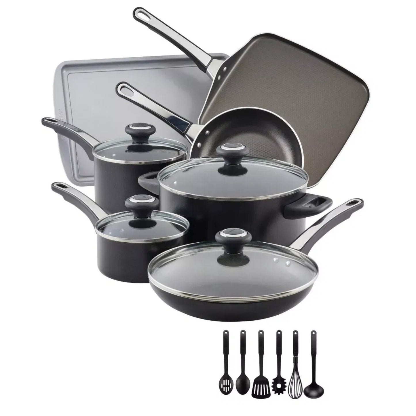 LunaLulink 17-Piece High Performance Nonstick Aluminum Pots and Pans Set, Cookware Set, Black