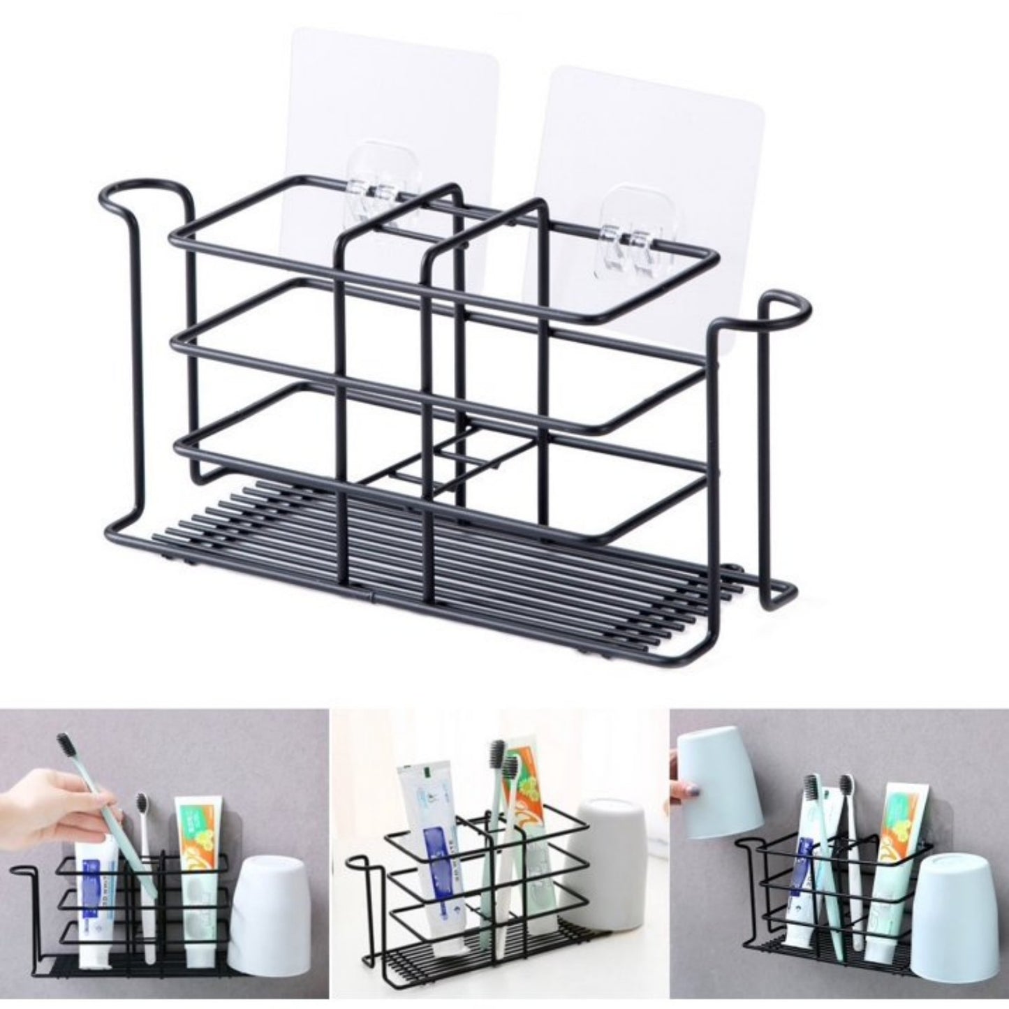 LunaLulinlk Toothbrush Holder Rack with Mouthwash Cup Holder Slots, Toothbrush Toothpaste Holder Wall-Mounted Drill Free Storage Rack Black