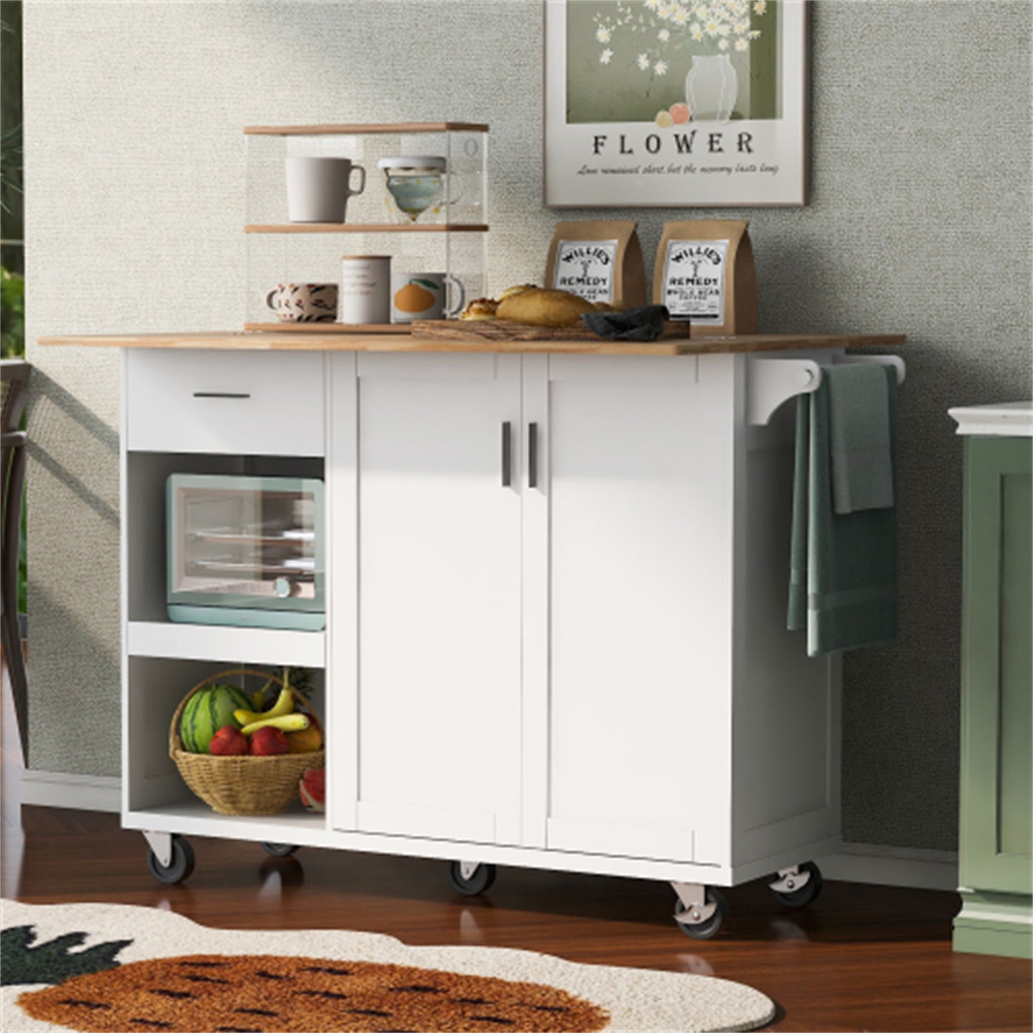 "LunaLulinlk Kitchen Island with Foldable Counter Top, Kitchen Storage Cart with Slide-Out Shelf, Towel Rack and Drawer "