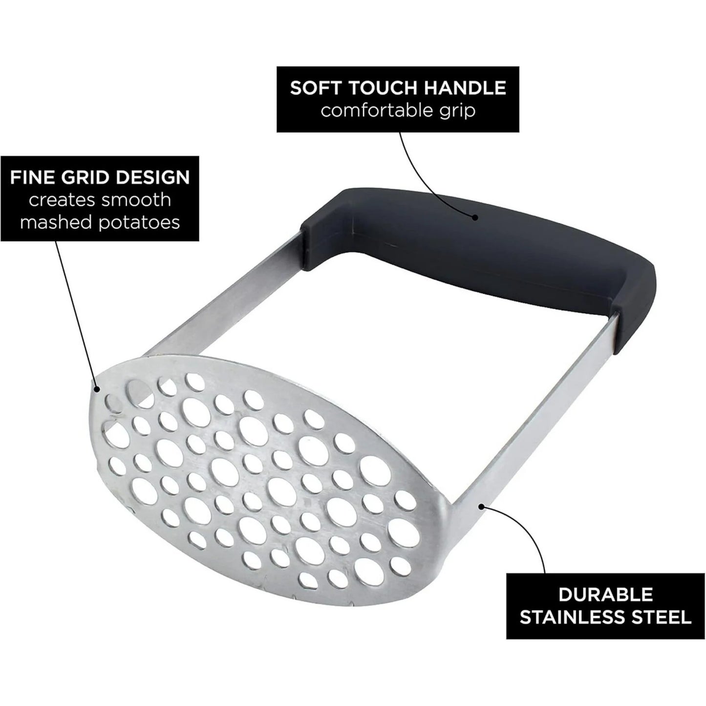 LunaLulinlk Stainless Steel Masher, Broad and Ergonomic Horizontal, Fine Plate for Smooth Mashed Potatoes, Soft Grip and Non-Slip Handle, Black