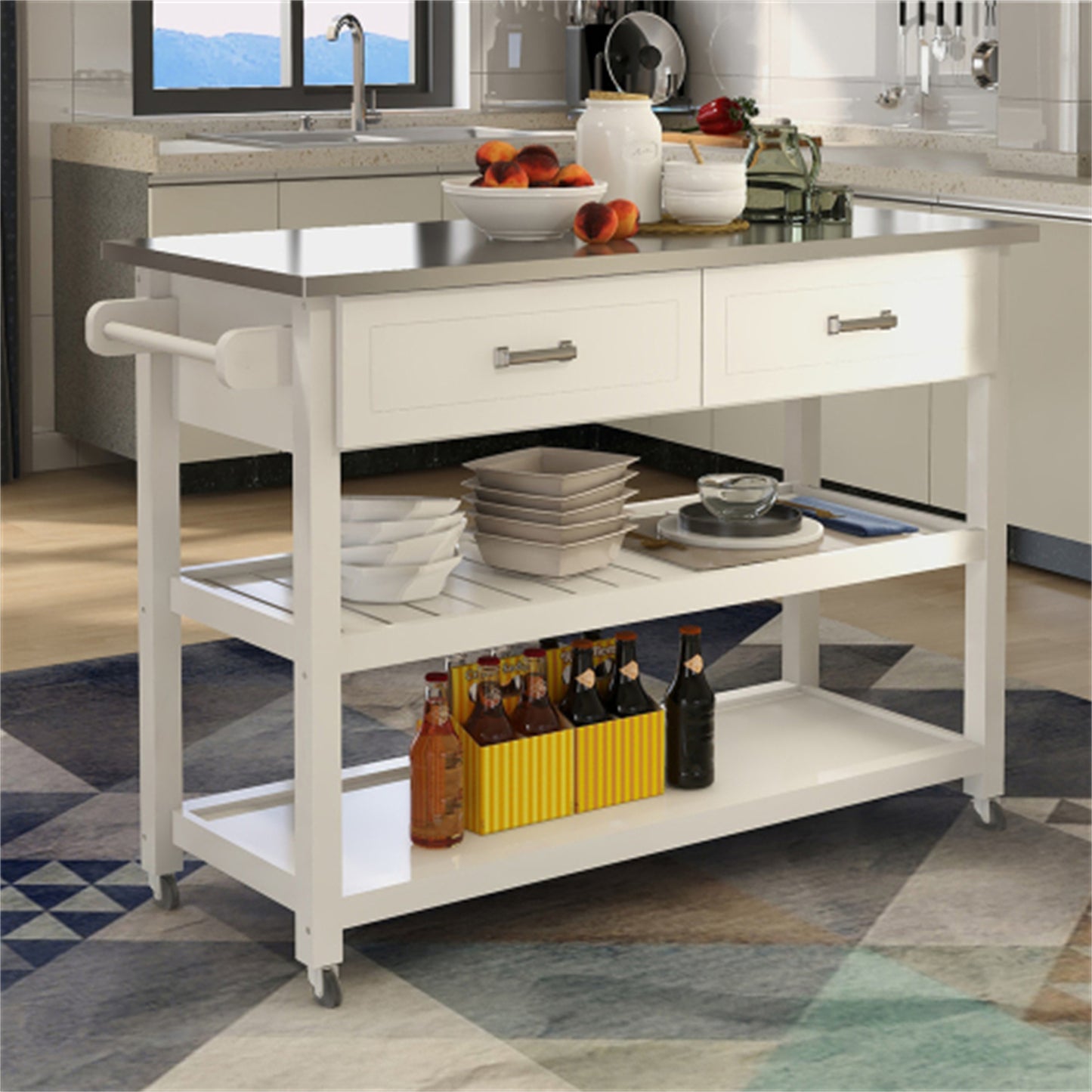 LunaLulinlk Stainless Steel Table Top White Kitchen Cart With Two Drawers