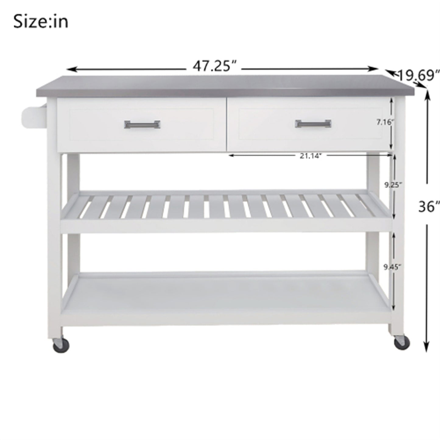 LunaLulinlk Stainless Steel Table Top White Kitchen Cart With Two Drawers