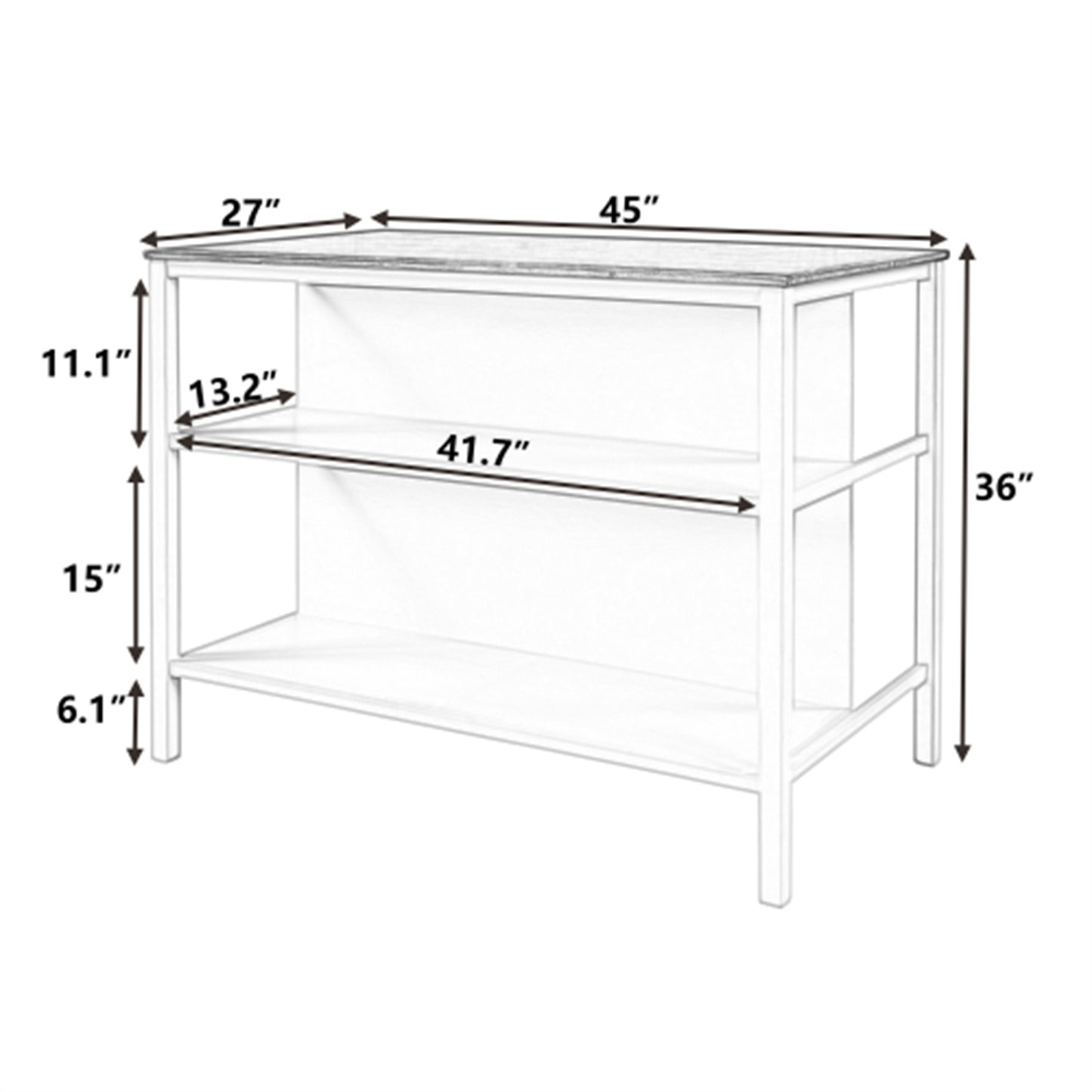 LunaLulinlk Solid Wood Rustic 45" Stationary Kitchen Island with 2 Open Shelves for Small Places,Walnut+Cream White