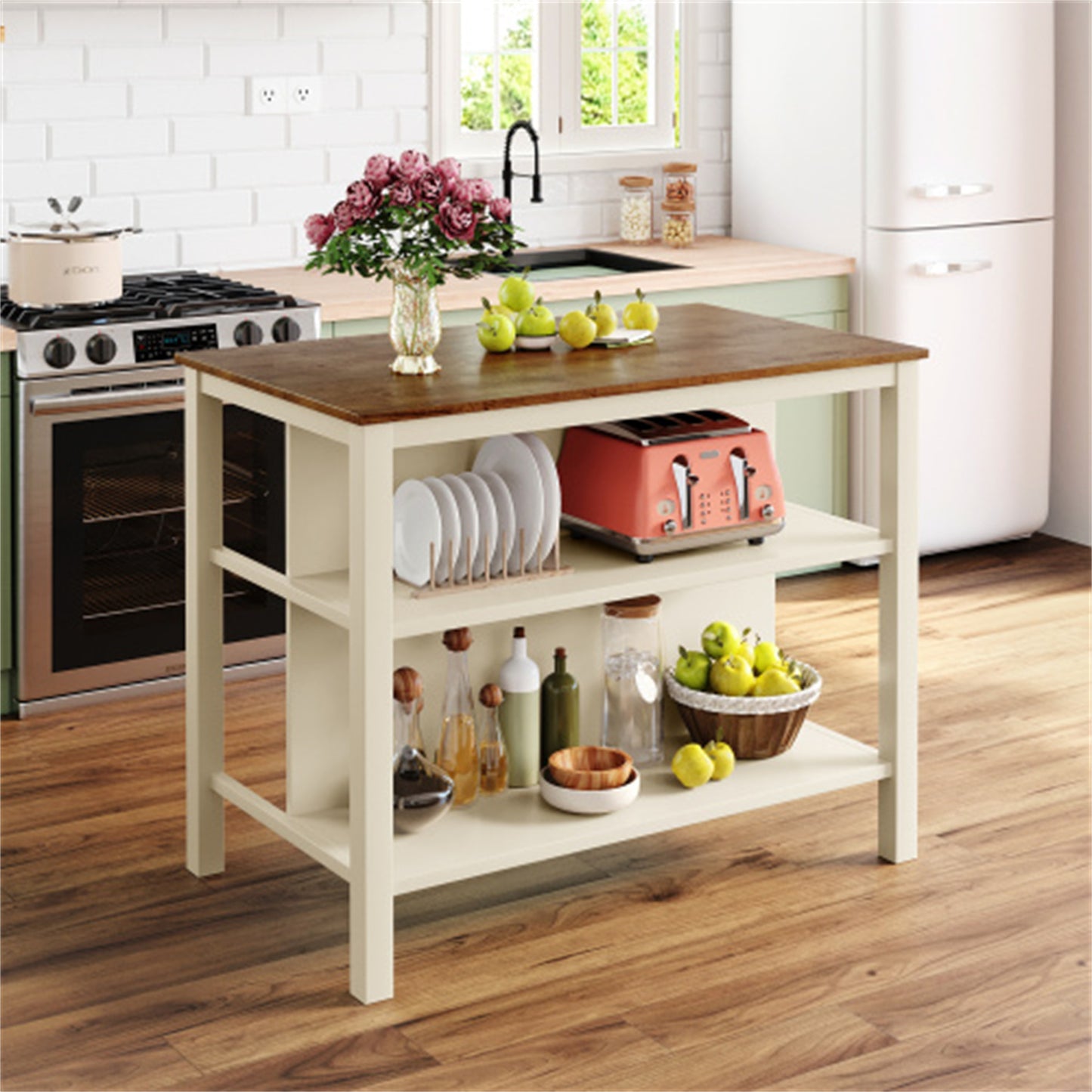 LunaLulinlk Solid Wood Rustic 45" Stationary Kitchen Island with 2 Open Shelves for Small Places,Walnut+Cream White