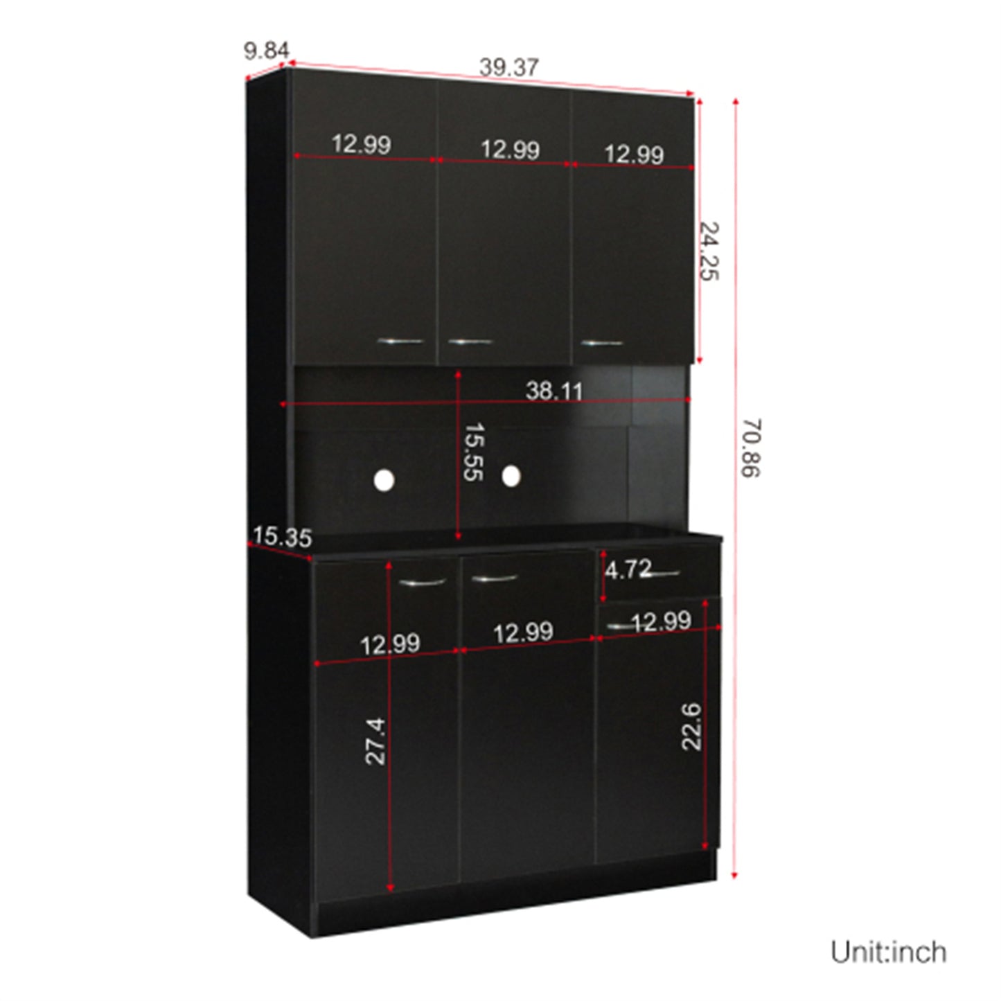 "LunaLulinlk 70.87"" Tall Wardrobe& Kitchen Cabinet, with 6-Doors, 1-Open Shelves and 1-Drawer for bedroom,Black "