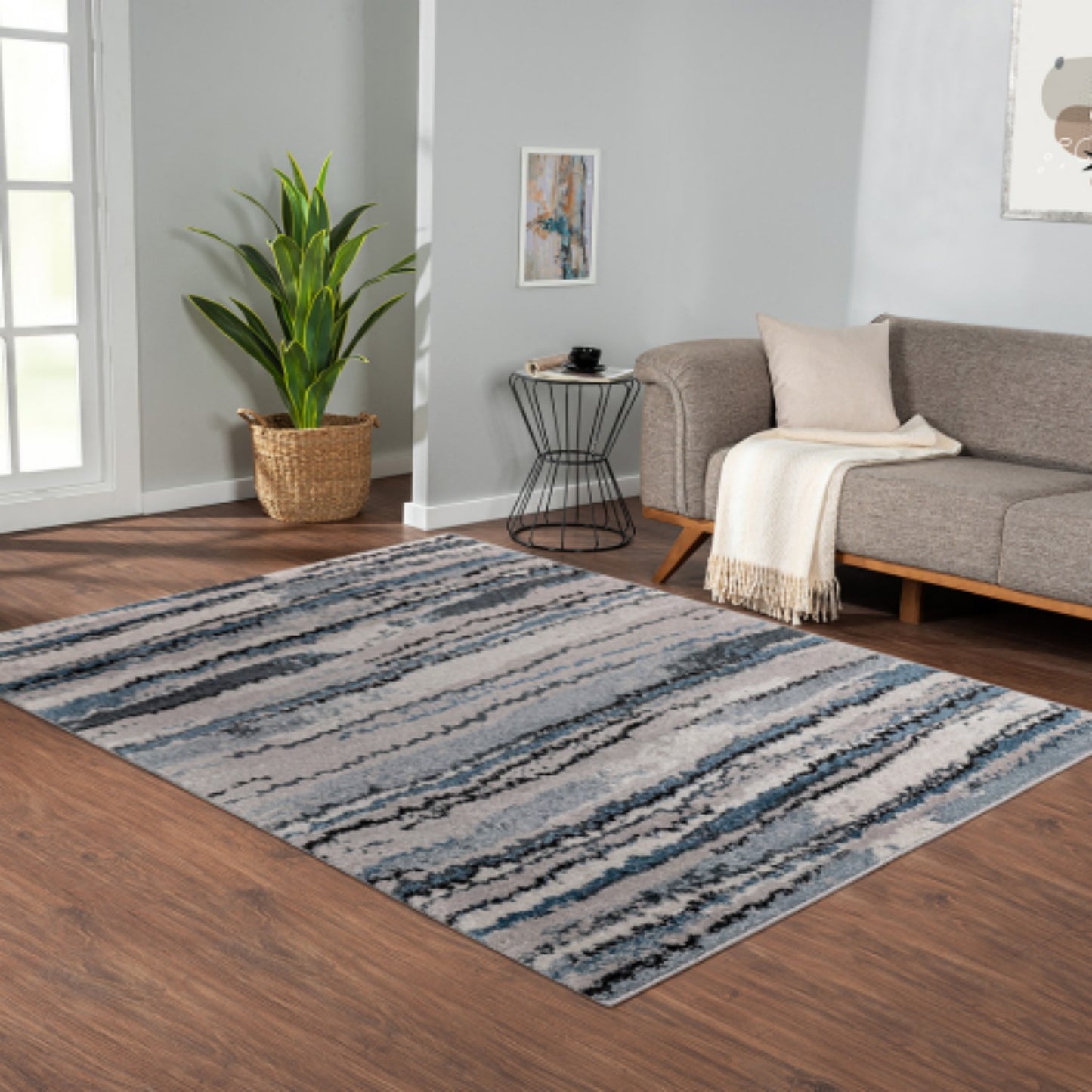 LunaLulinlk Watercolor Abstract Stripe Woven Area Rug Blue 84''x60''