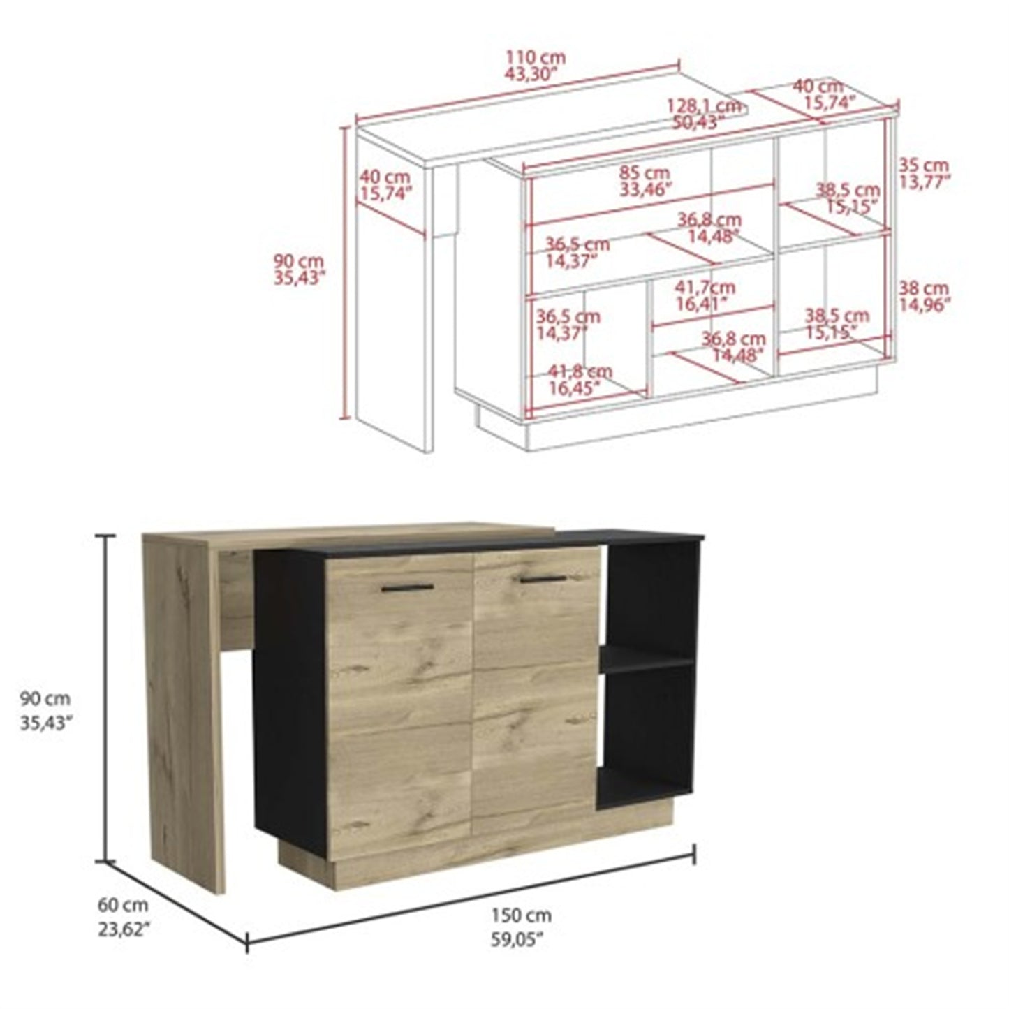 "LunaLulinlk Sicilia Kitchen Island, Two External Shelves, Double Door Cabinets, Three Shelves -Black / Light Oak "
